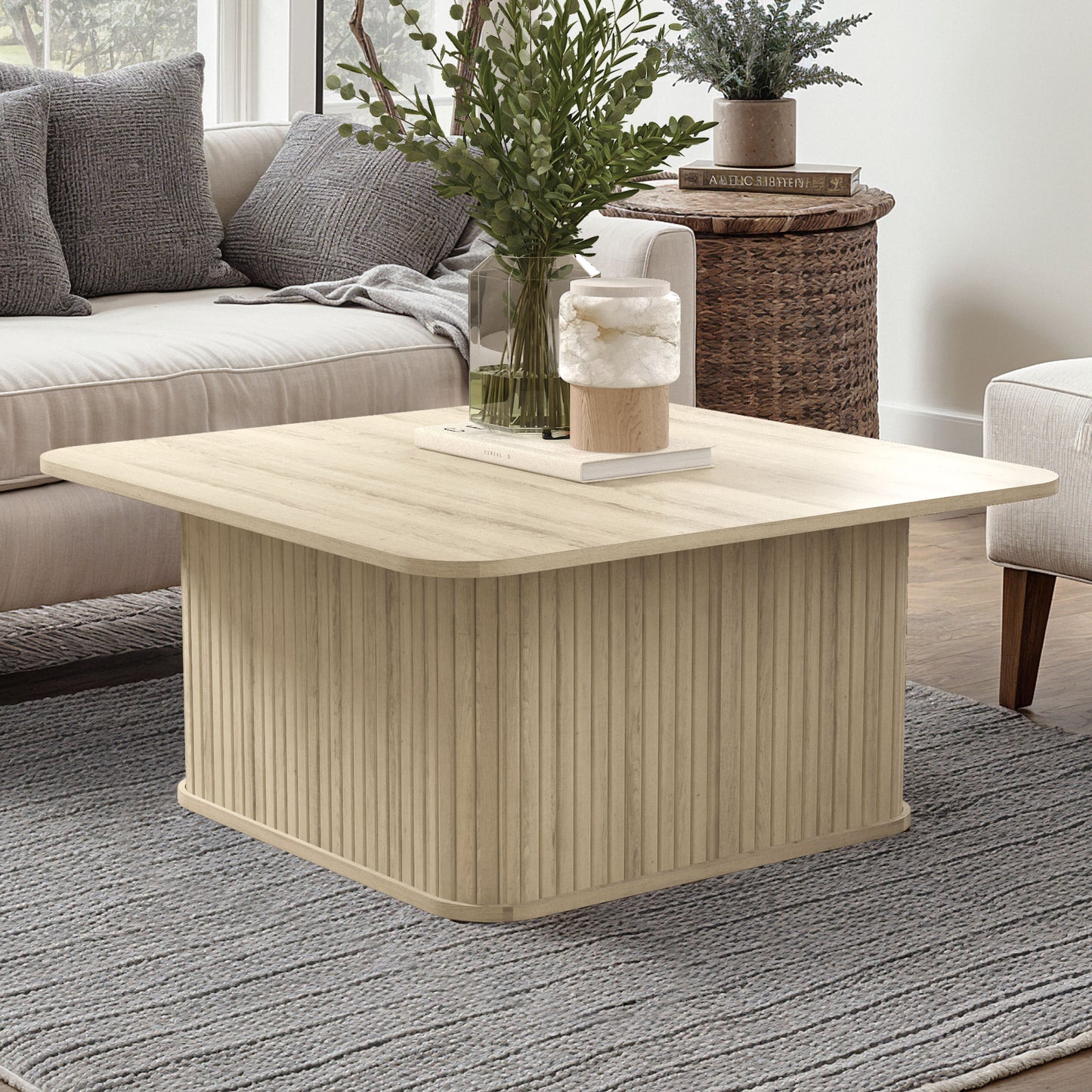Galano Fluted Square Coffee Table in Wood Finish 31.3" W × 31.3" D × 14.9"