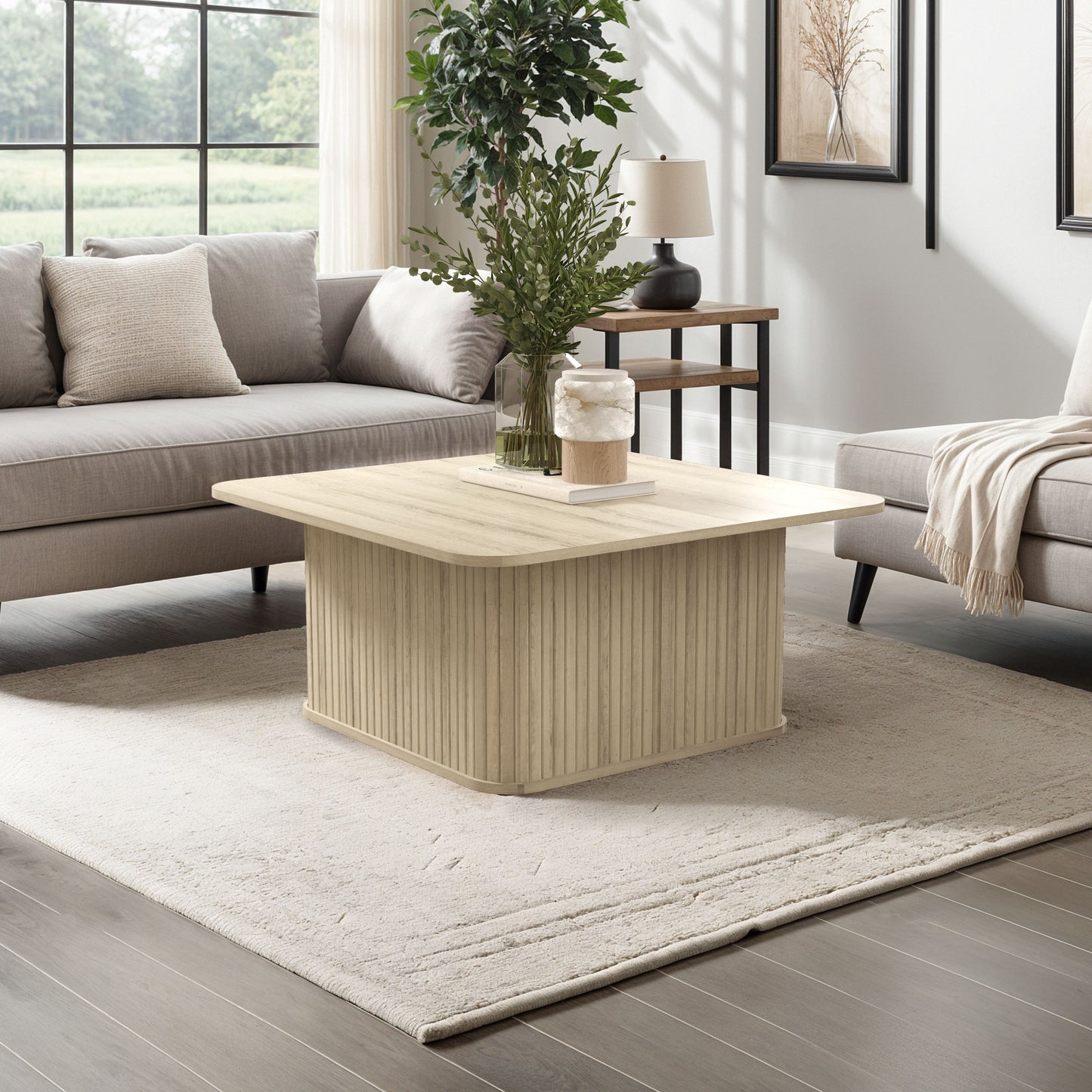 Galano Fluted Square Coffee Table in Wood Finish 31.3" W × 31.3" D × 14.9"