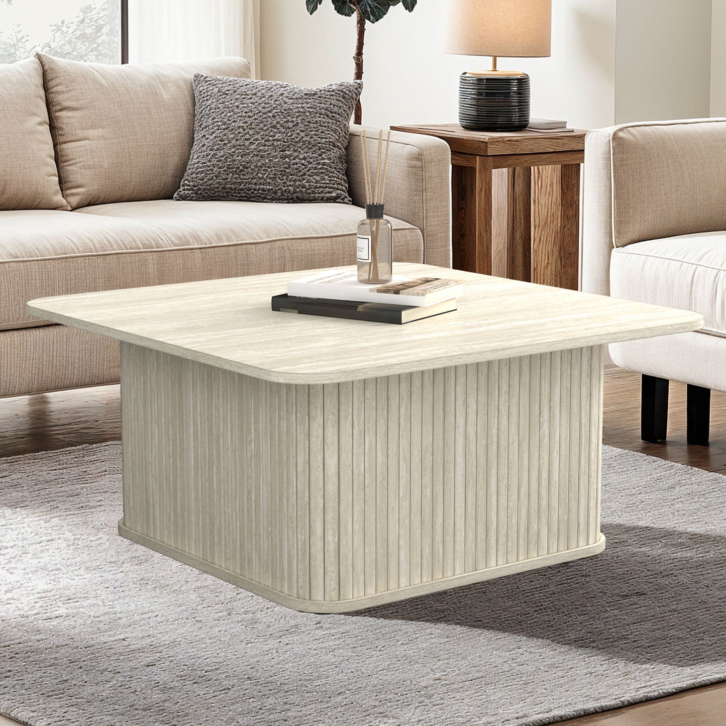Galano Fluted Square Coffee Table in Wood Finish 31.3" W × 31.3" D × 14.9"