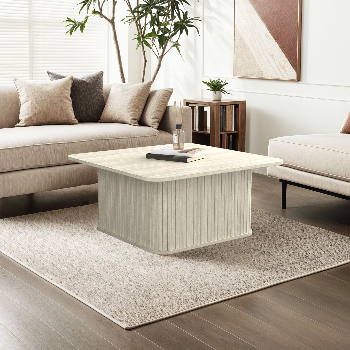 Galano Fluted Square Coffee Table in Wood Finish 31.3" W × 31.3" D × 14.9"