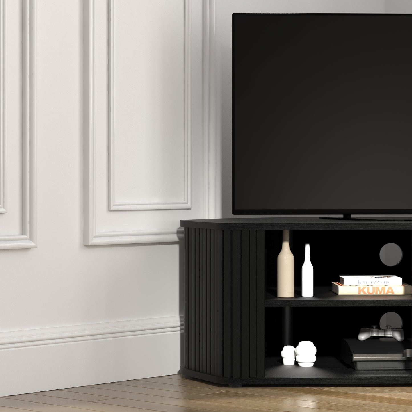 Galano Corner TV Stand with Fluted Doors 43.3" W × 20.0" D × 14.8" H, Black Oak