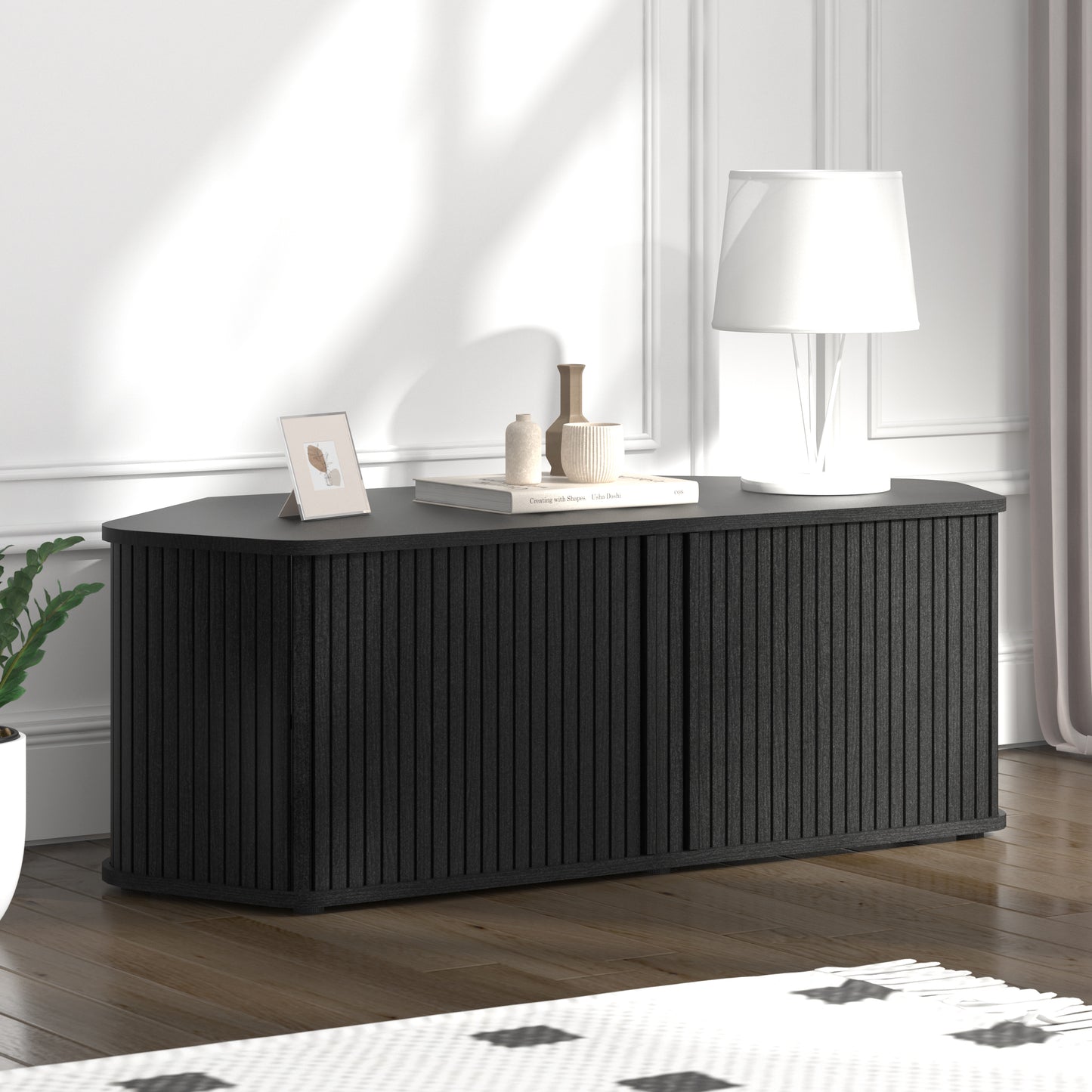 Galano Corner TV Stand with Fluted Doors 43.3" W × 20.0" D × 14.8" H, Black Oak