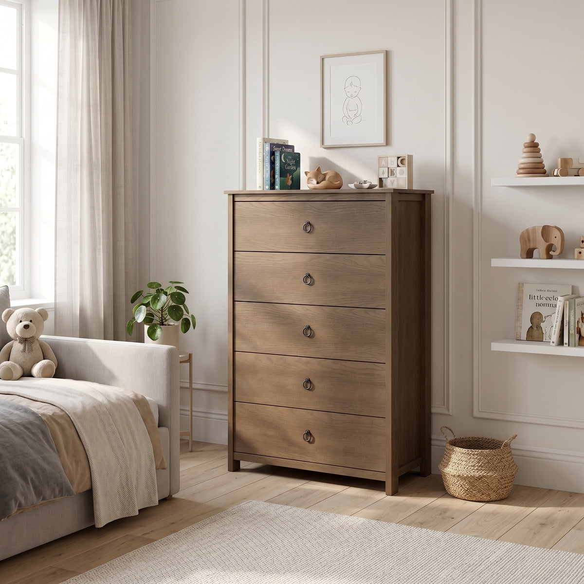 Galano Transitional 31.3" 5-Drawer Chest with Rich Wood Veneer Finish and Metal Ring Pulls