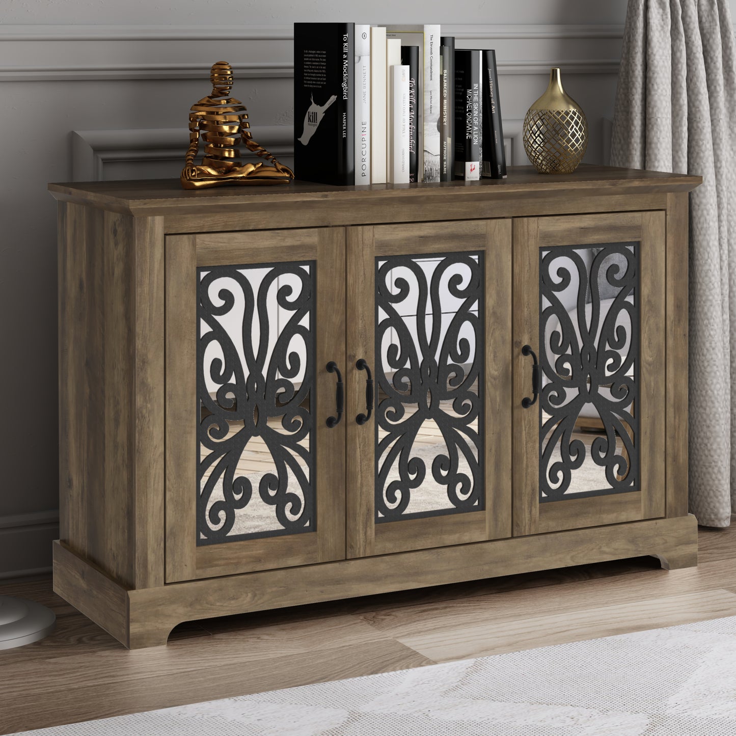 Galano 3-Door Sideboard with Mirrored Cut-Out Storage 45.7" W × 15.7" D × 29.3" H