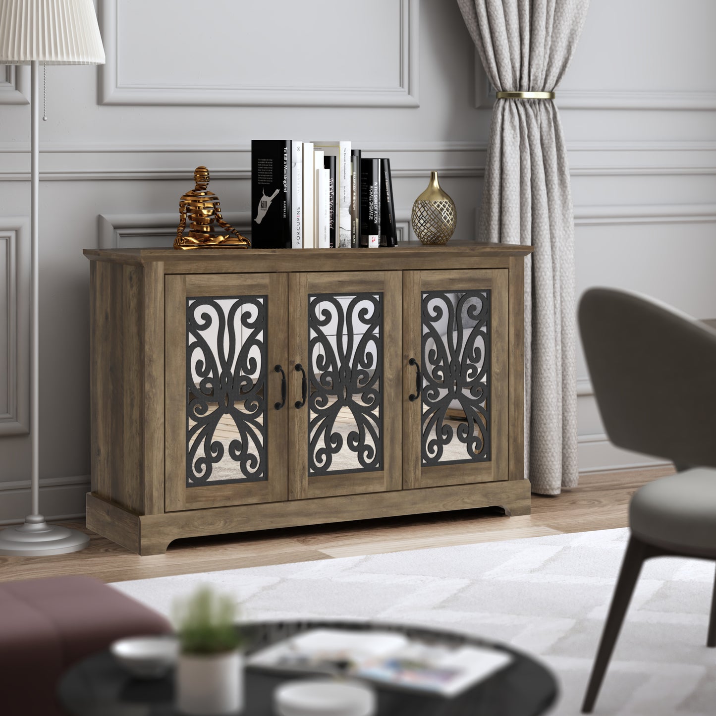 Galano 3-Door Sideboard with Mirrored Cut-Out Storage 45.7" W × 15.7" D × 29.3" H