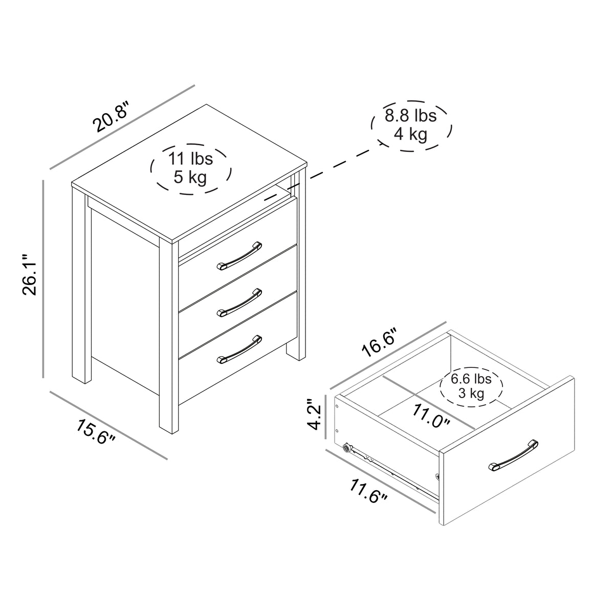 GALANO 3-Drawer Nightstand with Open Shelf, 26.1" H