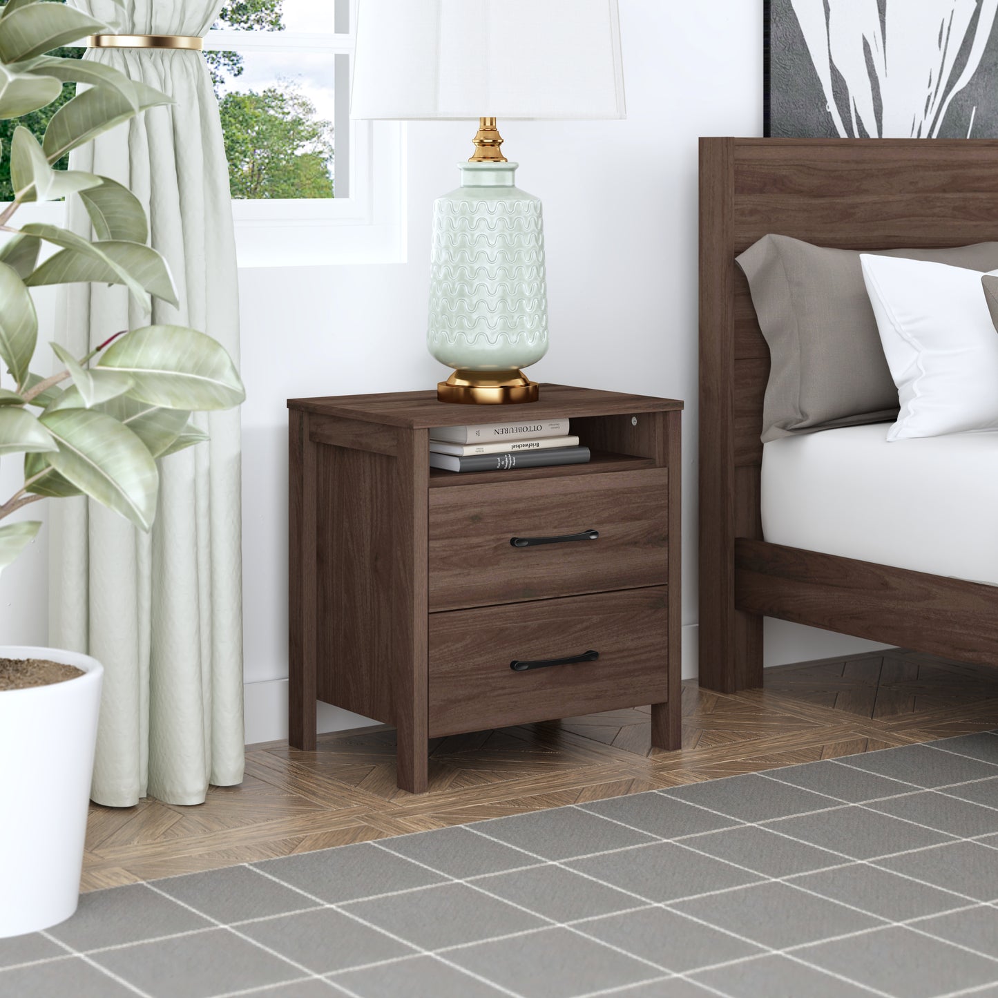 Galano Modern 2-Drawer Nightstand with Open Storage 20.9" W × 15.7" D × 22.7" H