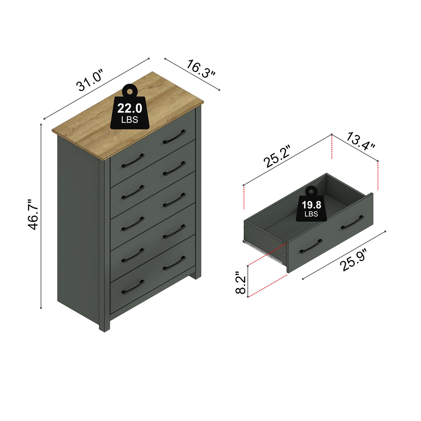 Galano 5-Drawer Dresser with Interlock Safety 31.1" W × 16.3" D × 46.7" H