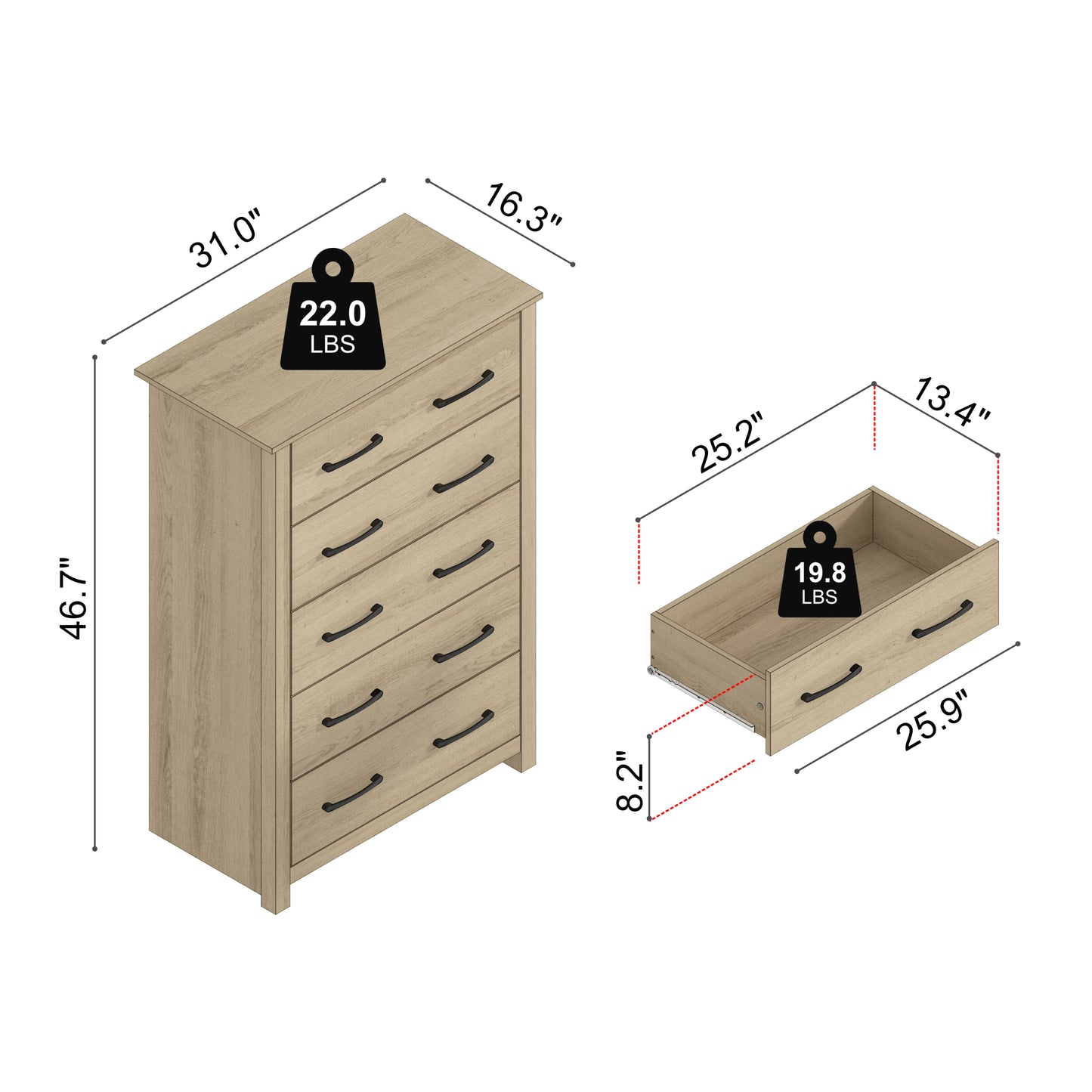 Galano 5-Drawer Dresser with Interlock Safety 31.1" W × 16.3" D × 46.7" H
