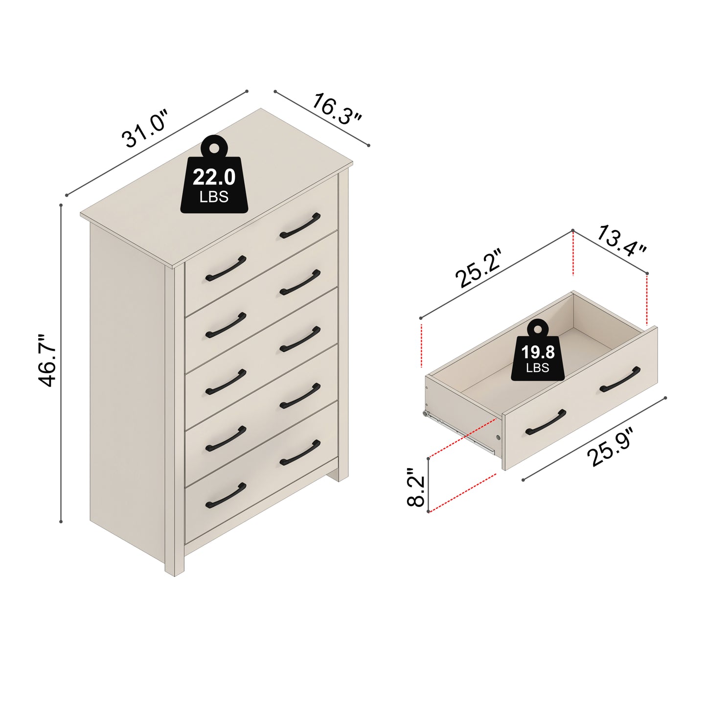 Galano 5-Drawer Dresser with Interlock Safety 31.1" W × 16.3" D × 46.7" H