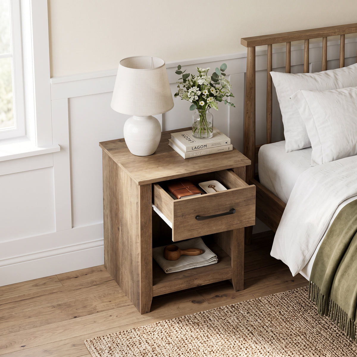 Galano Set of 2 Modern 1-Drawer Nightstands with Open Storage Shelf, 18.9" W x 16.5" D x 20.3" H