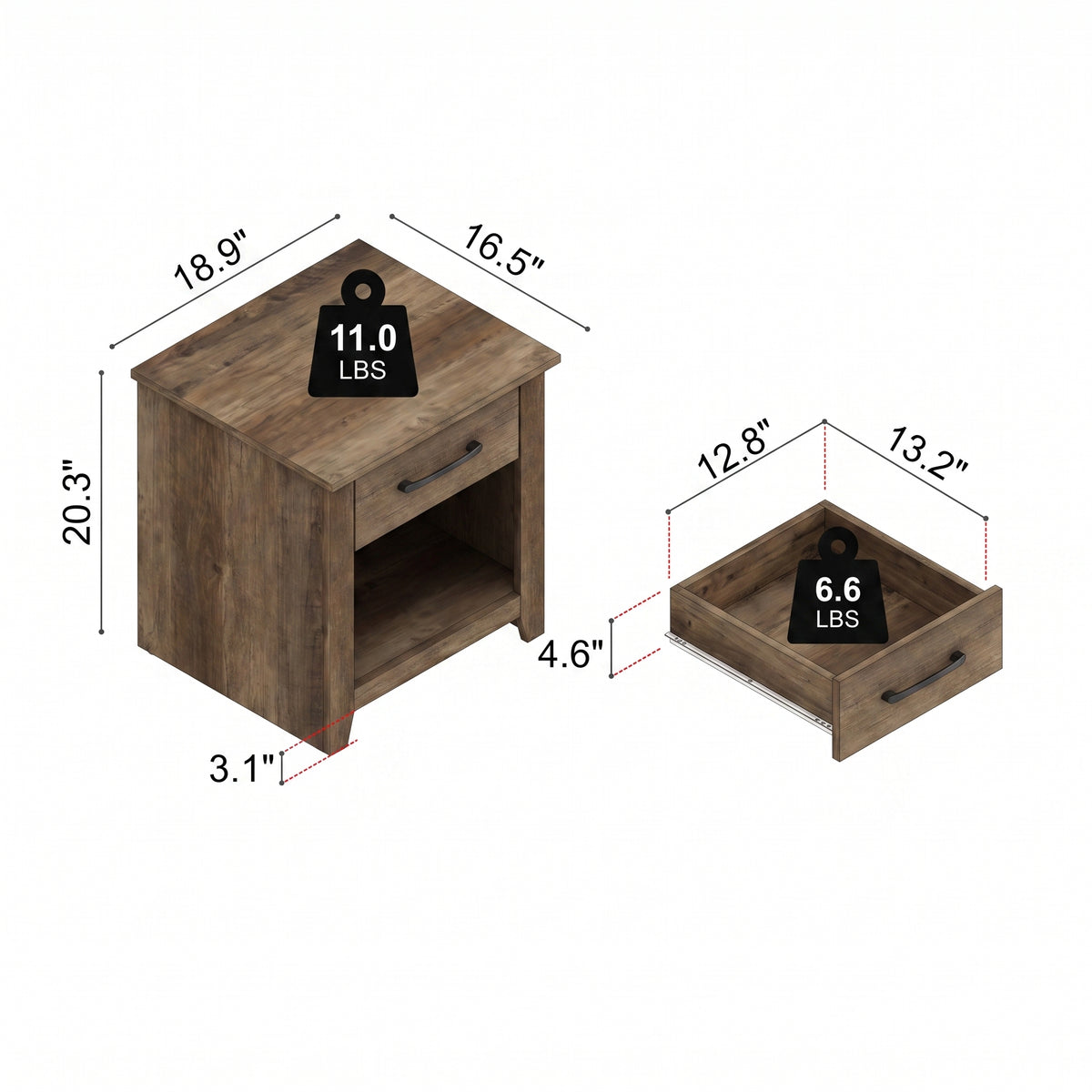 Galano Set of 2 Modern 1-Drawer Nightstands with Open Storage Shelf, 18.9" W x 16.5" D x 20.3" H