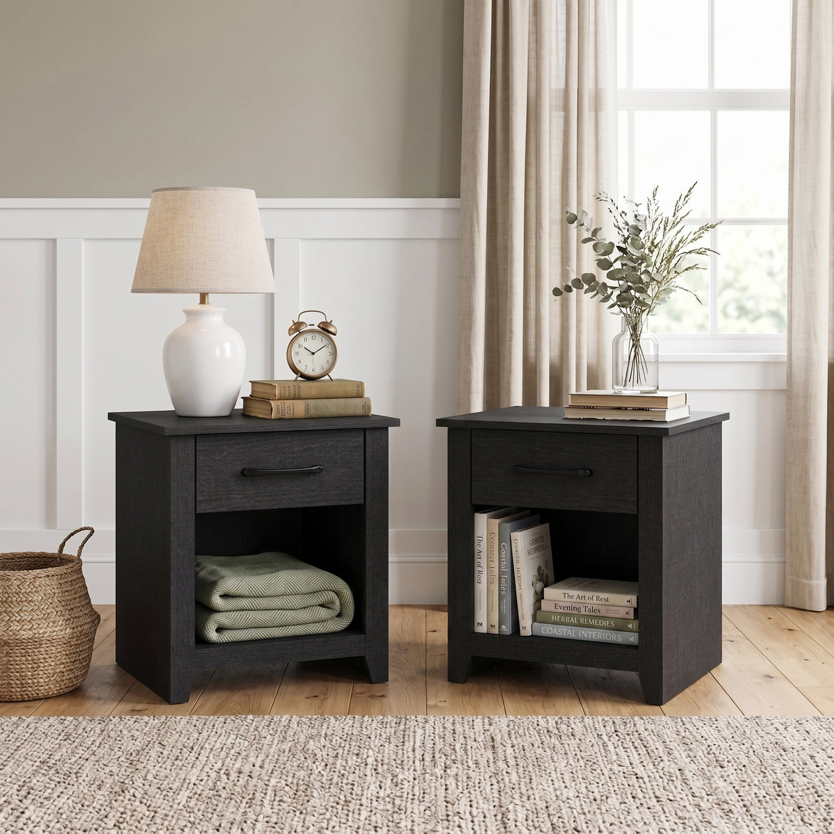 Galano Set of 2 Modern 1-Drawer Nightstands with Open Storage Shelf, 18.9" W x 16.5" D x 20.3" H
