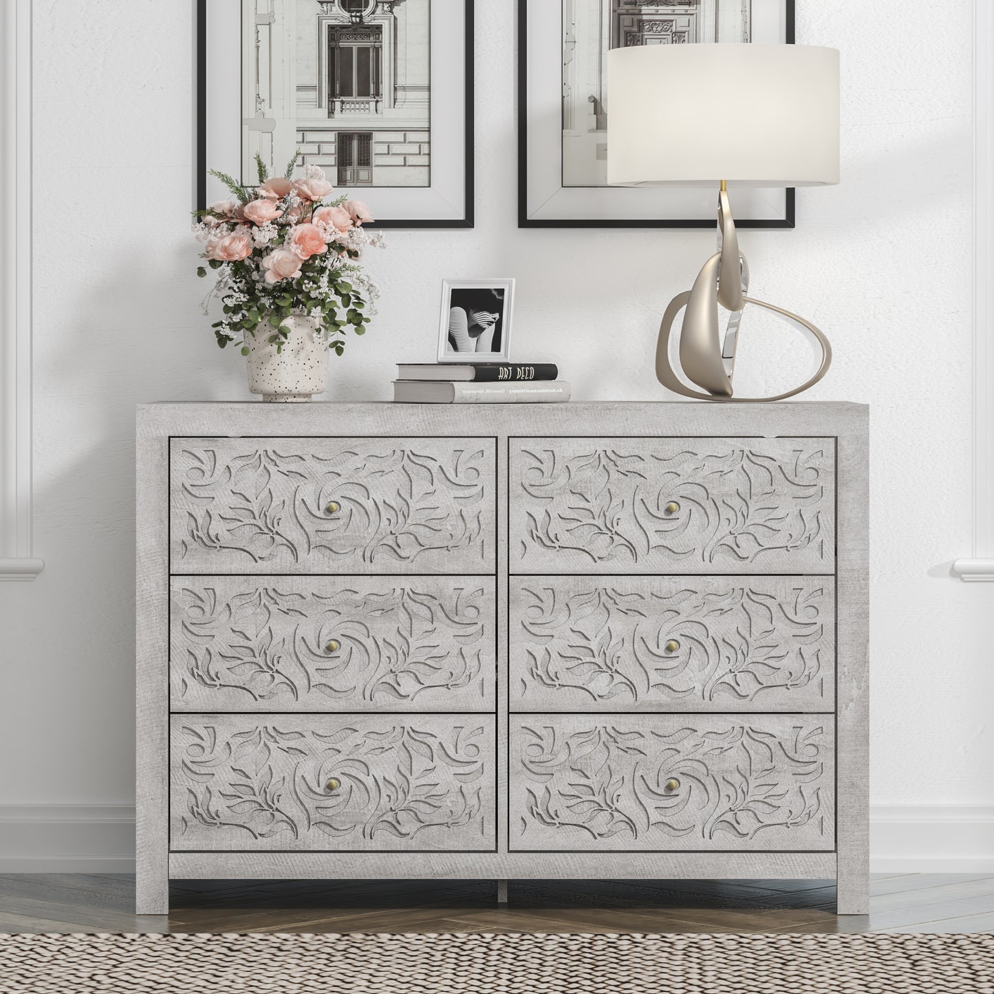 Galano Carved Wood 6-Drawer Dresser 45.4" W × 15.7" D × 32.0" H
