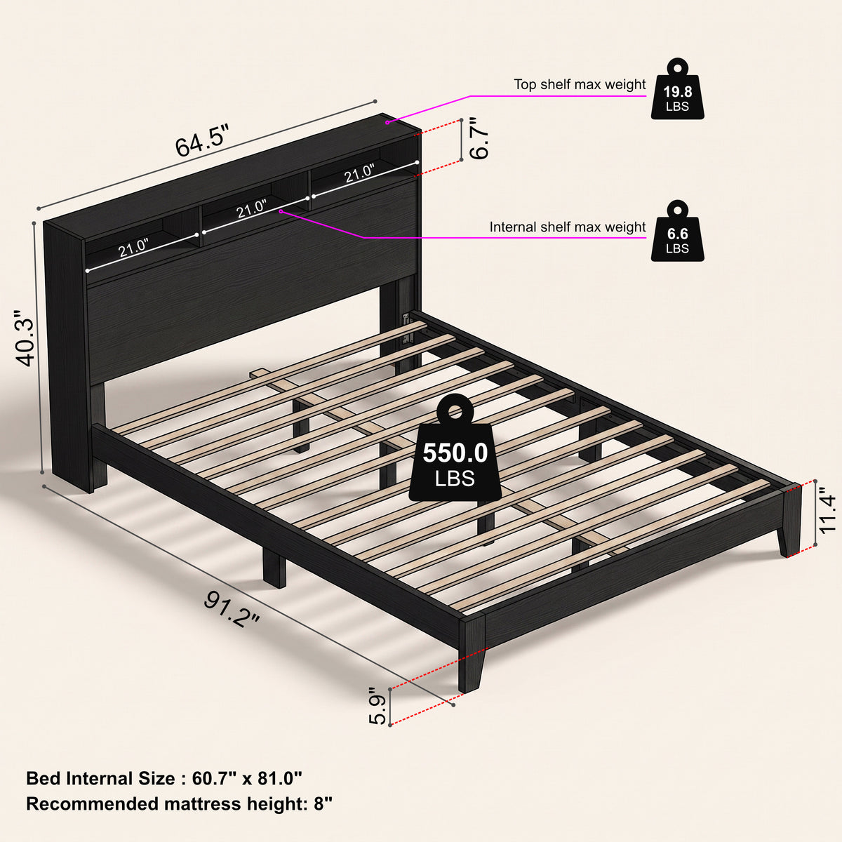 GALANO Queen Platform Bed with Bookcase Headboard and Shelf Storage, 64.5"