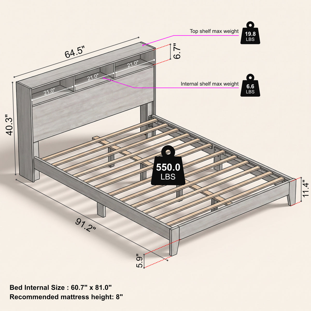 GALANO Queen Platform Bed with Bookcase Headboard and Shelf Storage, 64.5"