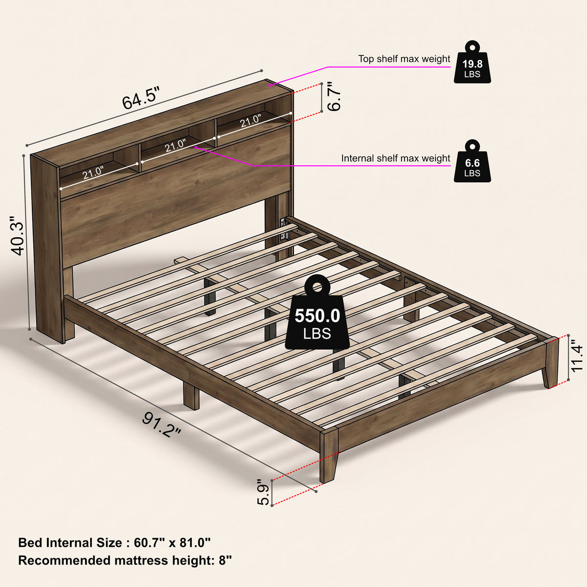 GALANO Queen Platform Bed with Bookcase Headboard and Shelf Storage, 64.5"
