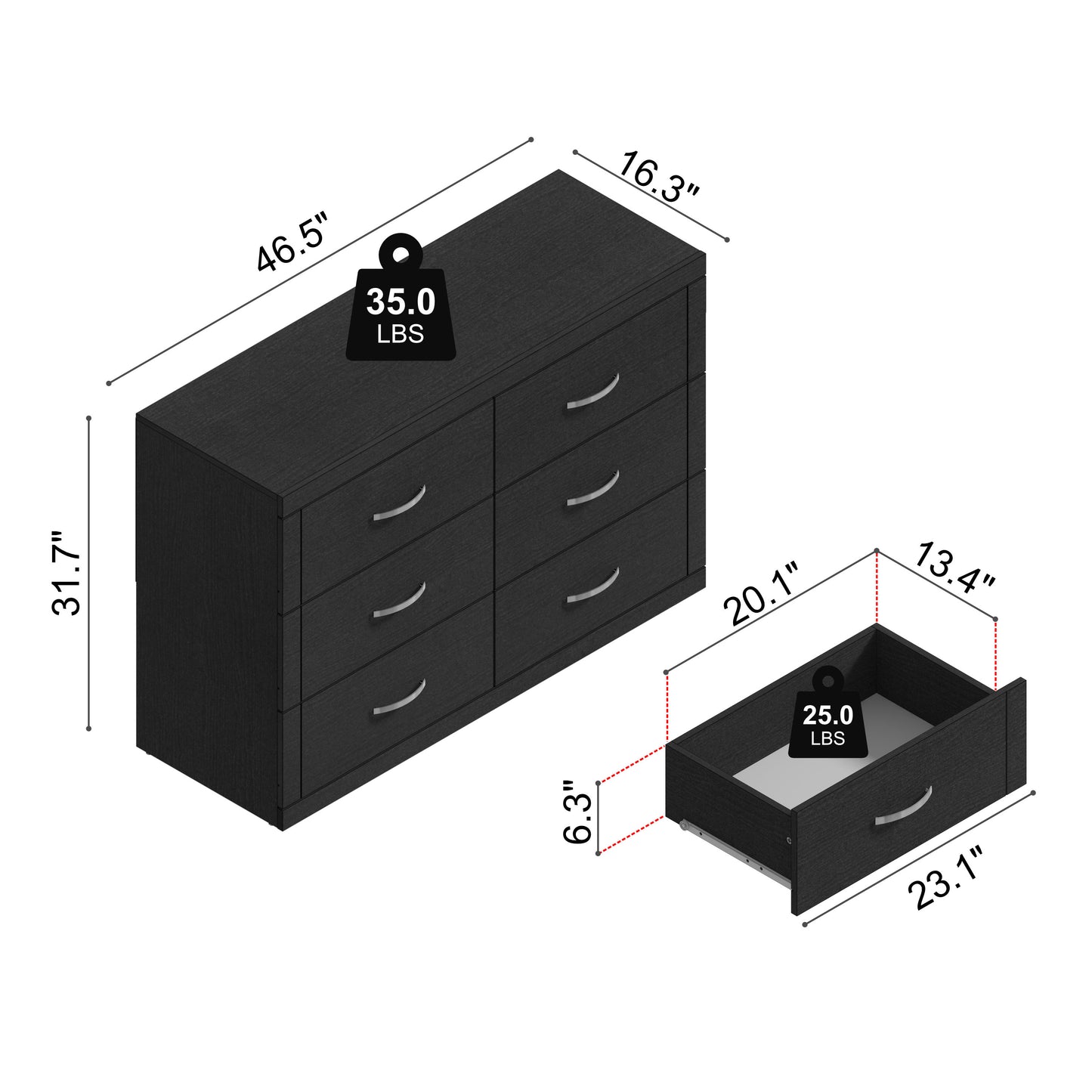 Galano 6-Drawer Double Dresser with Interlock Safety 46.5" W × 16.1" D × 31.0" H
