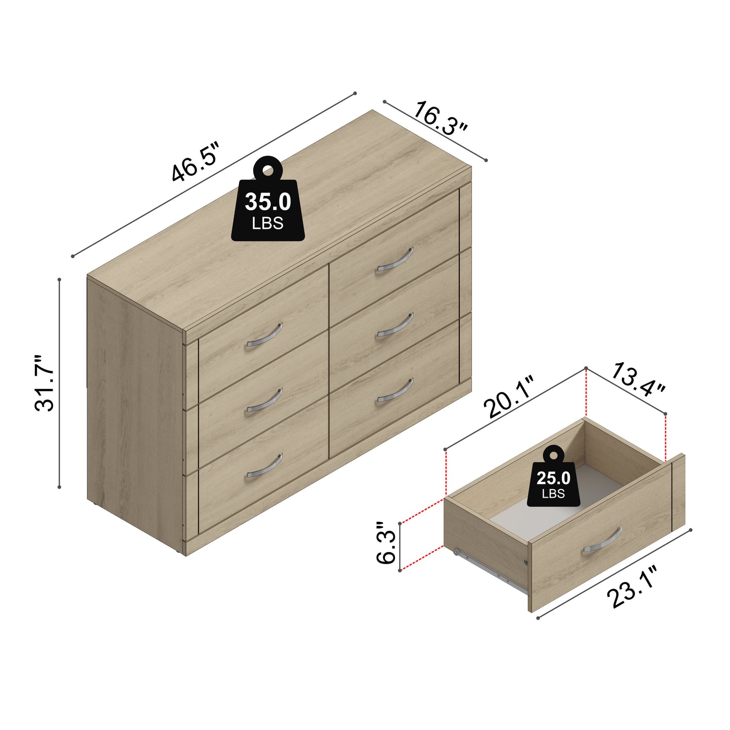Galano 6-Drawer Double Dresser with Interlock Safety 46.5" W × 16.1" D × 31.0" H