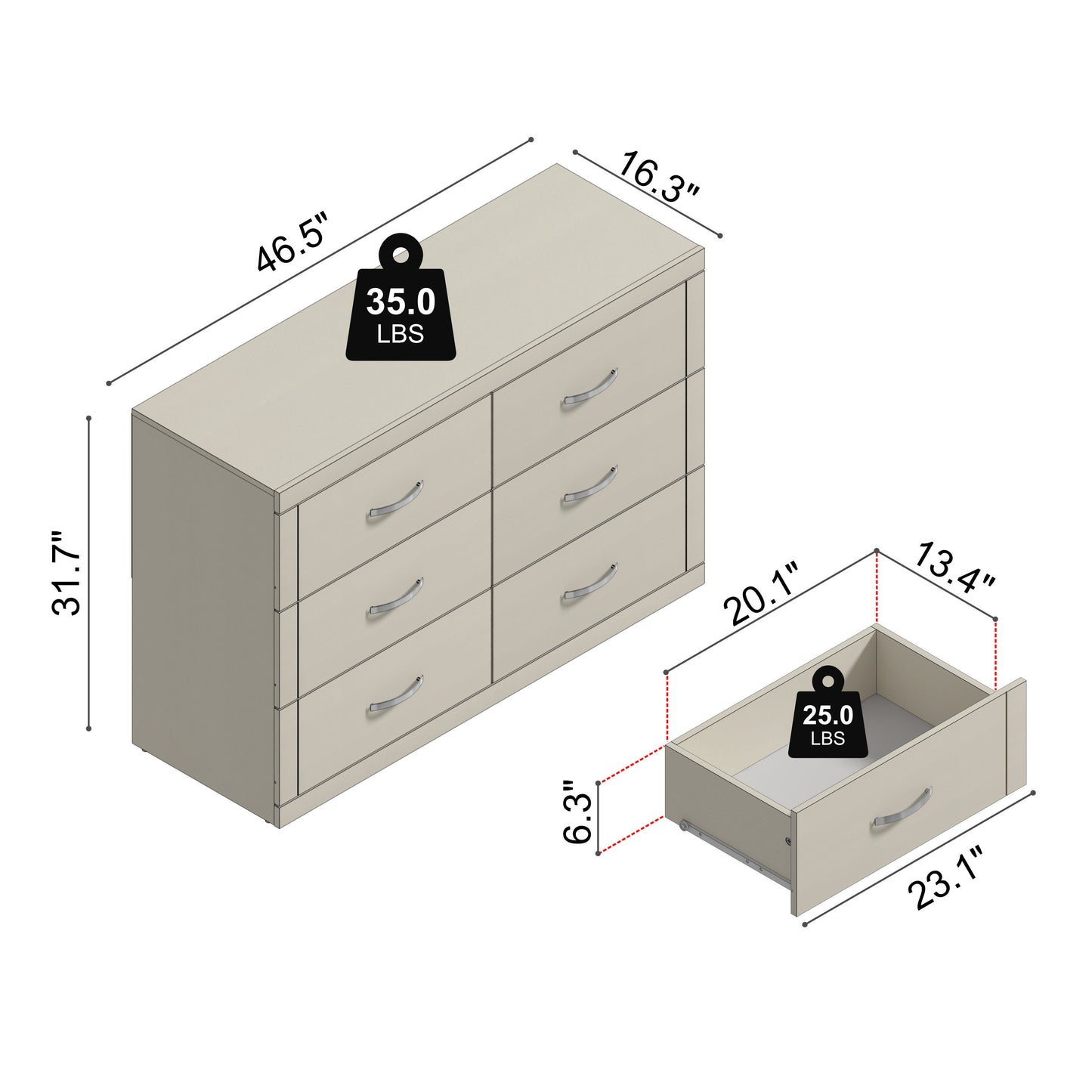 Galano 6-Drawer Double Dresser with Interlock Safety 46.5" W × 16.1" D × 31.0" H