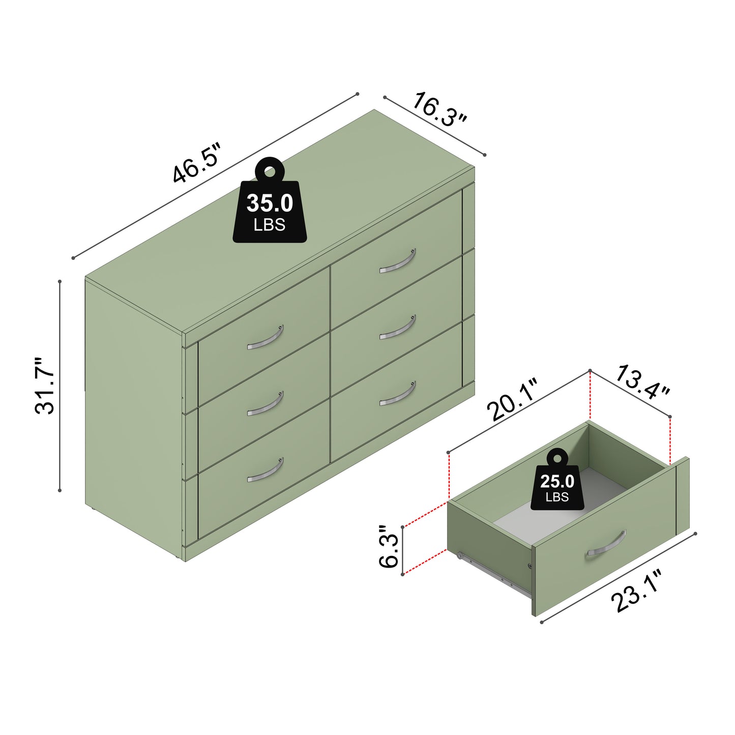Galano 6-Drawer Double Dresser with Interlock Safety 46.5" W × 16.1" D × 31.0" H