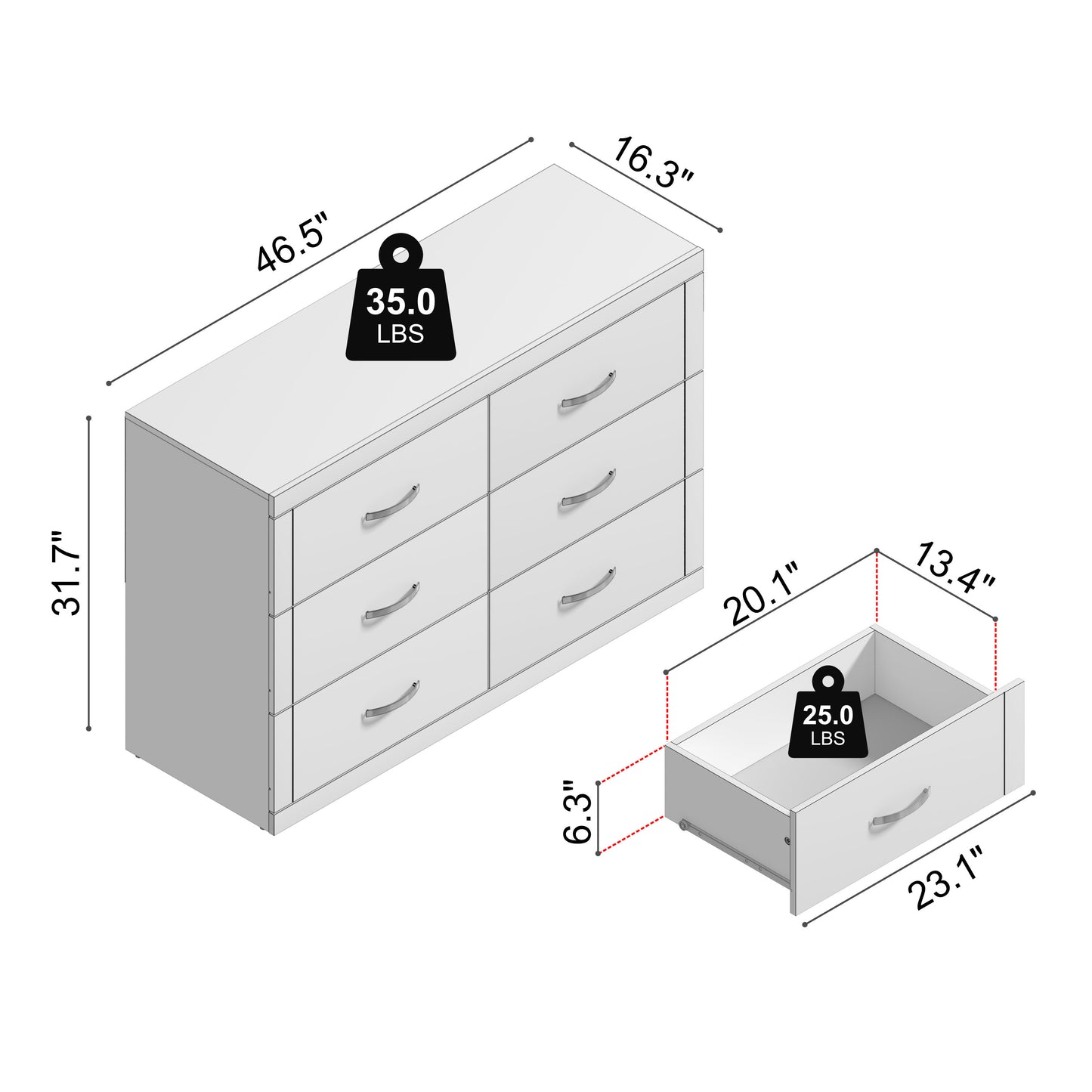 Galano 6-Drawer Double Dresser with Interlock Safety 46.5" W × 16.1" D × 31.0" H