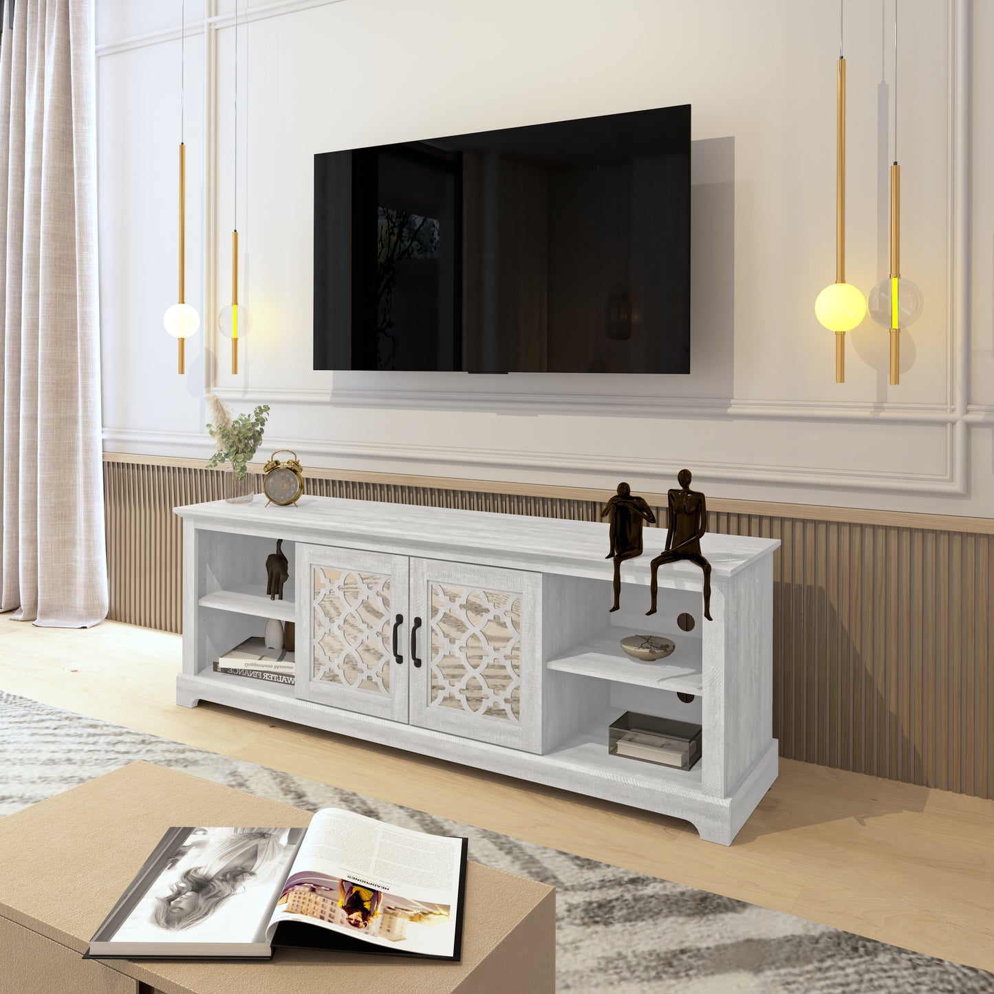 Galanp TV Stand with Mirrored Door Storage 68.2 W" × 17.1 D" × 23.7 H"