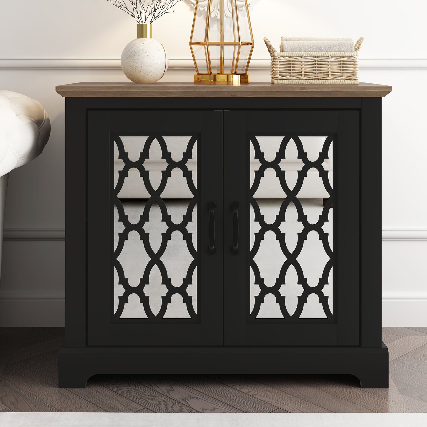 Galano 2-Door Mirrored Accent Cabinet with Cut-Out Design 32.4" W x 15.7" D x 29.3" H