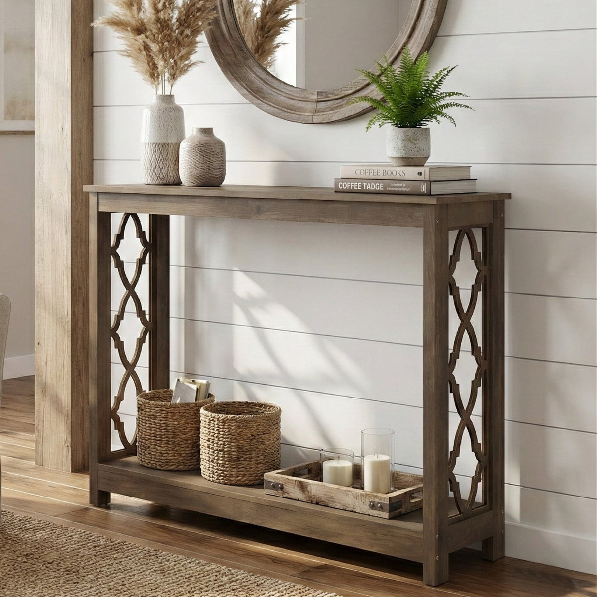 Galano 38" Console Table with Lattice Cutout Sides and Storage Shelf
