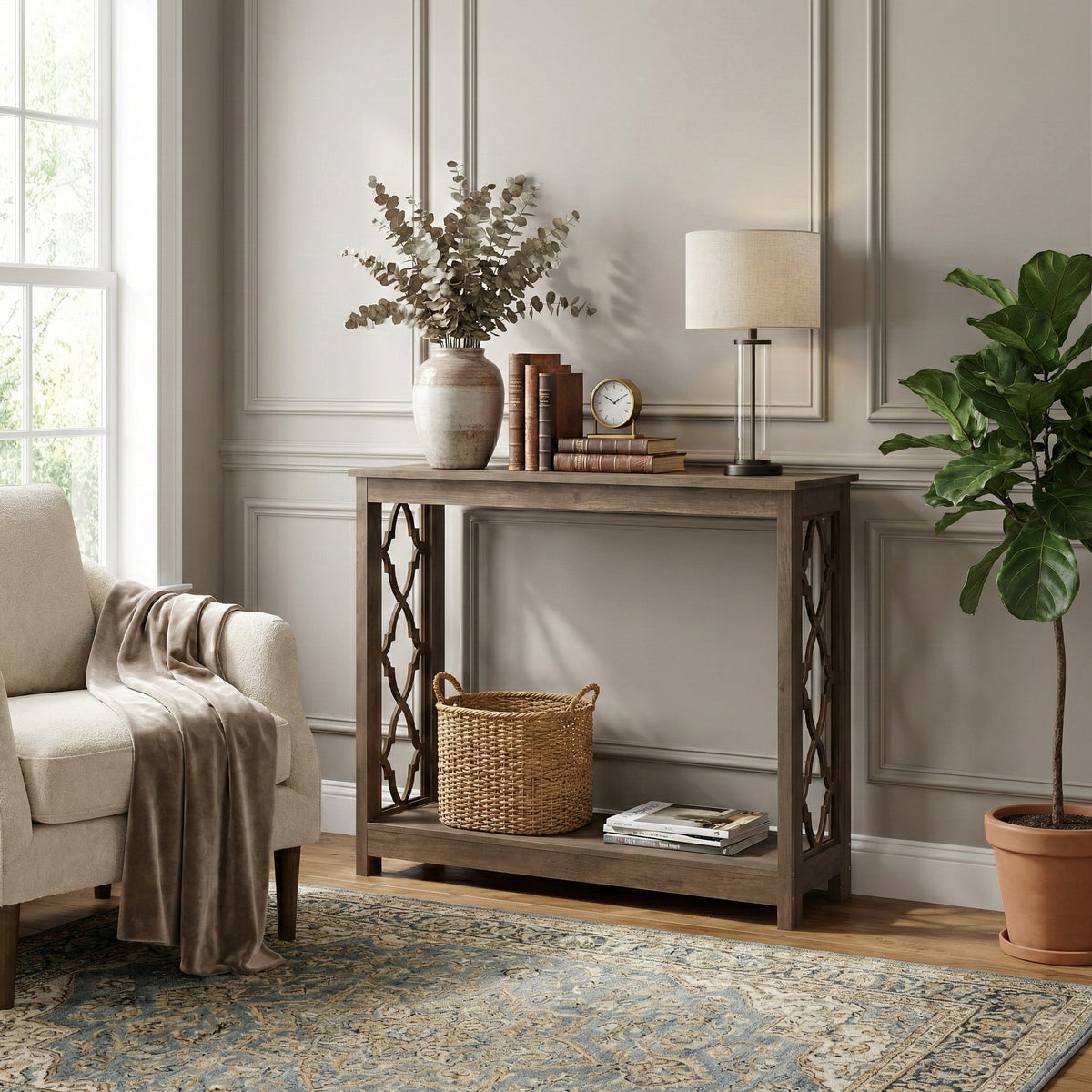 Galano 38" Console Table with Lattice Cutout Sides and Storage Shelf