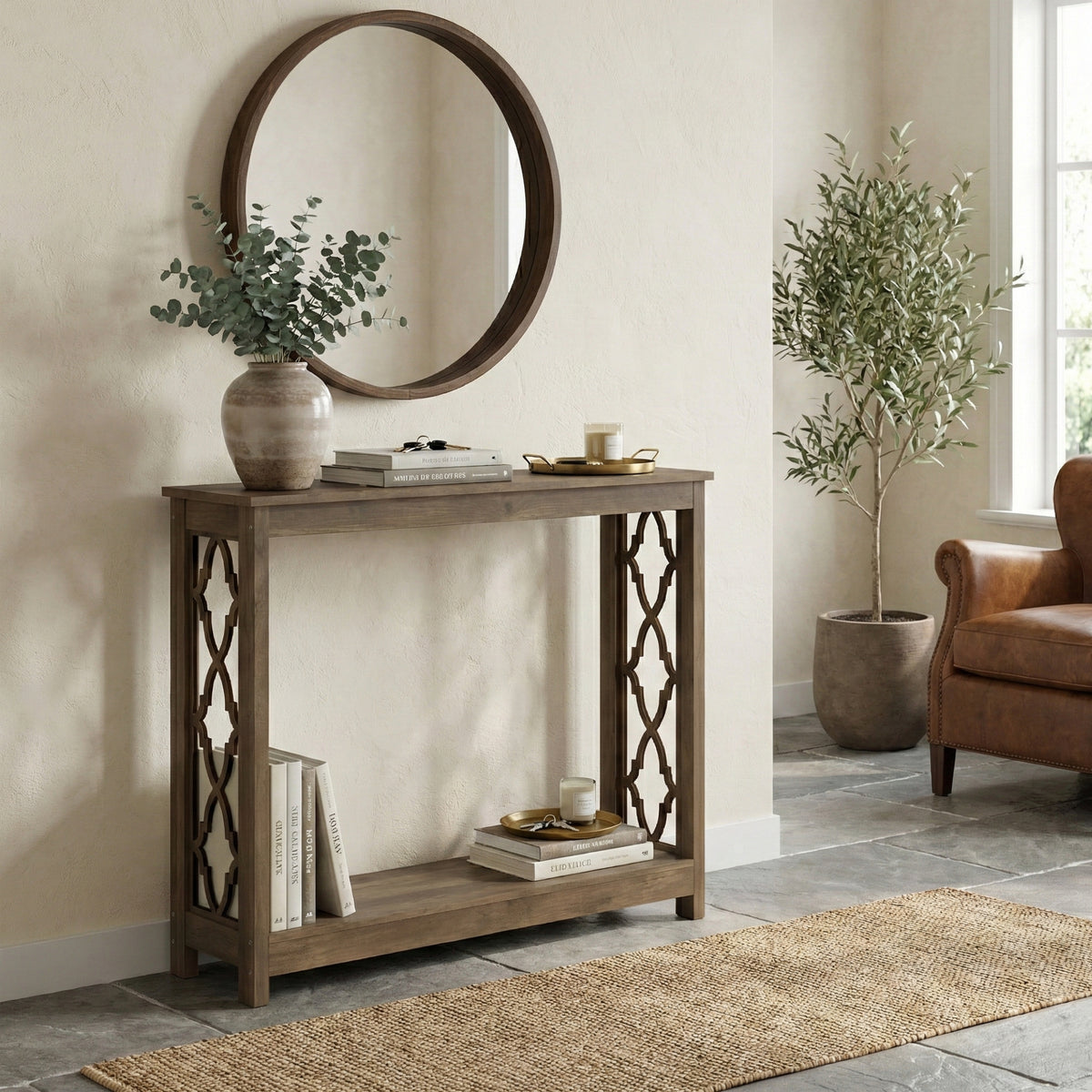 Galano 38" Console Table with Lattice Cutout Sides and Storage Shelf
