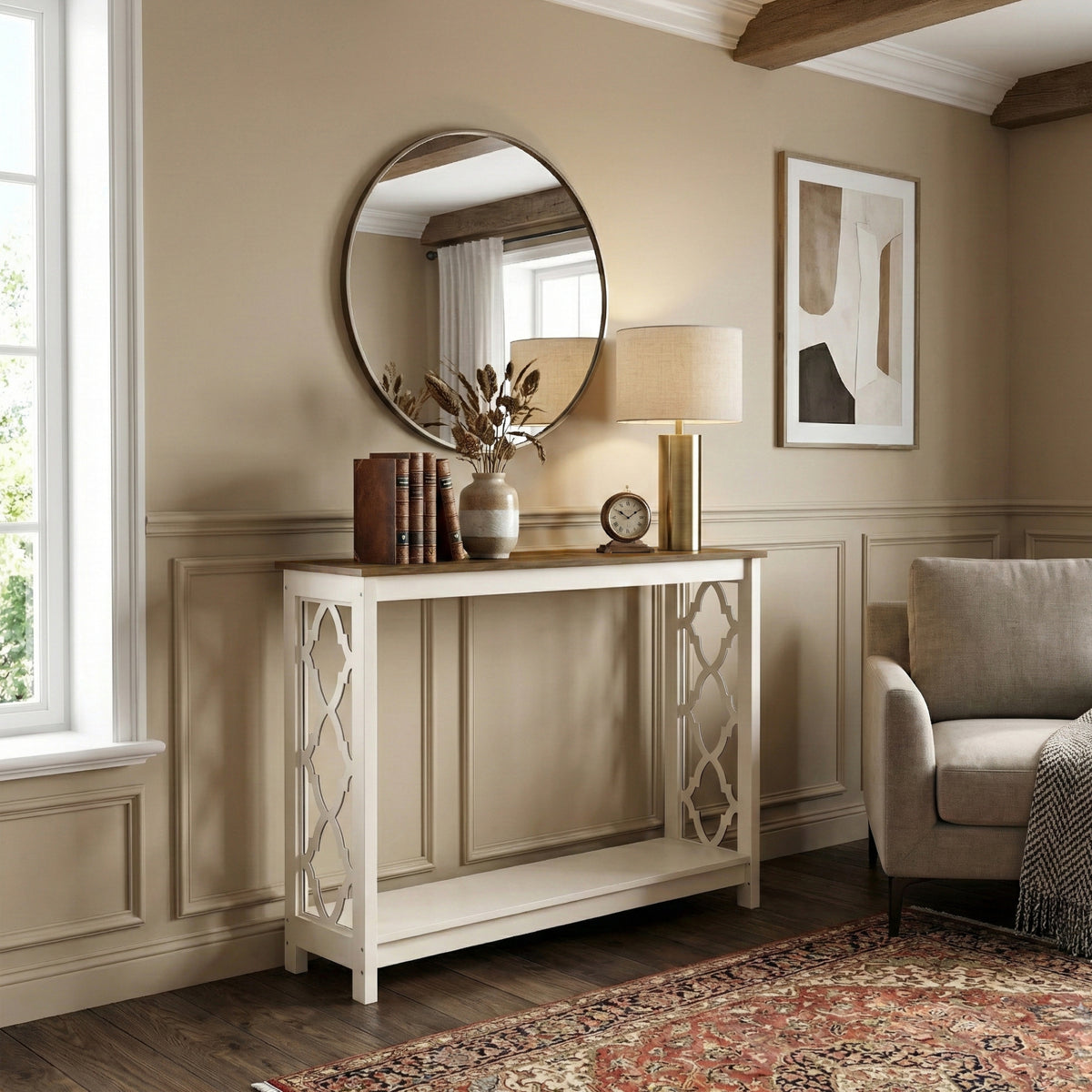Galano 38" Console Table with Lattice Cutout Sides and Storage Shelf