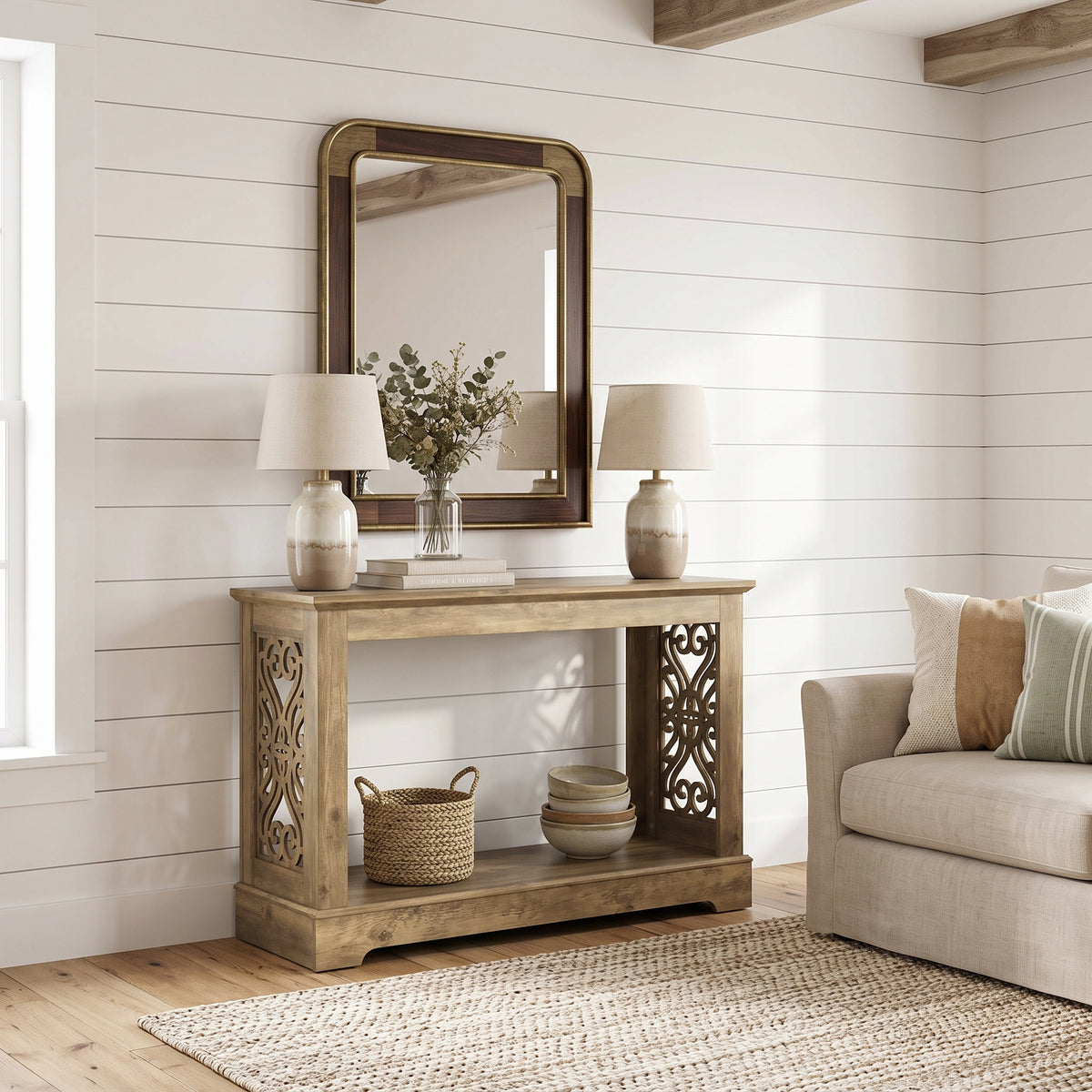 Galano 42.1" Traditional Wood Console Table with Decorative Cutout Panels and Storage Shelf