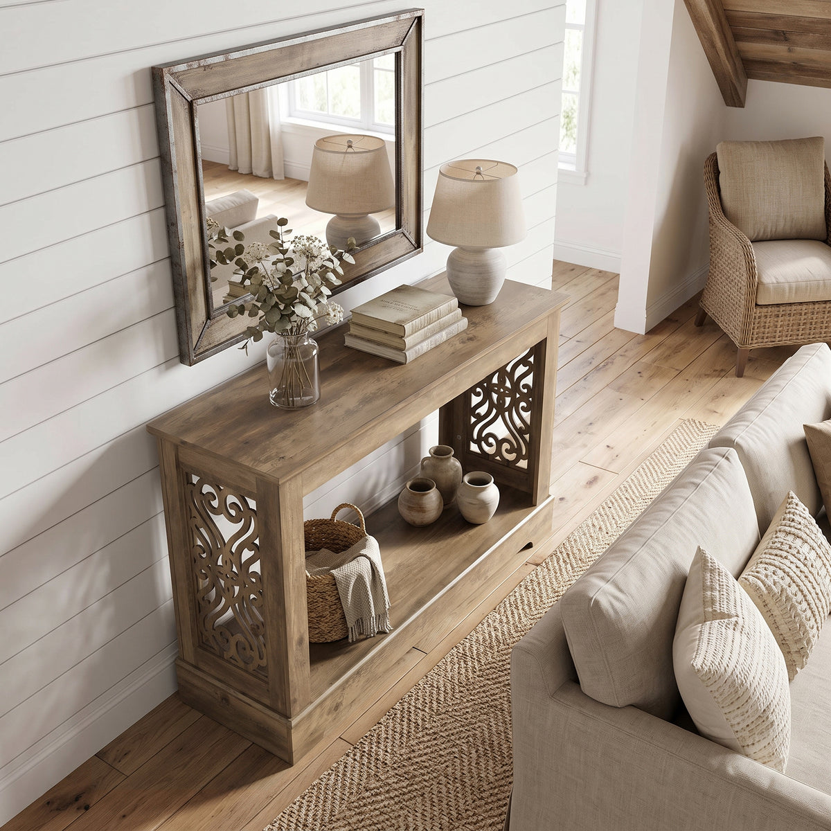 Galano 42.1" Traditional Wood Console Table with Decorative Cutout Panels and Storage Shelf