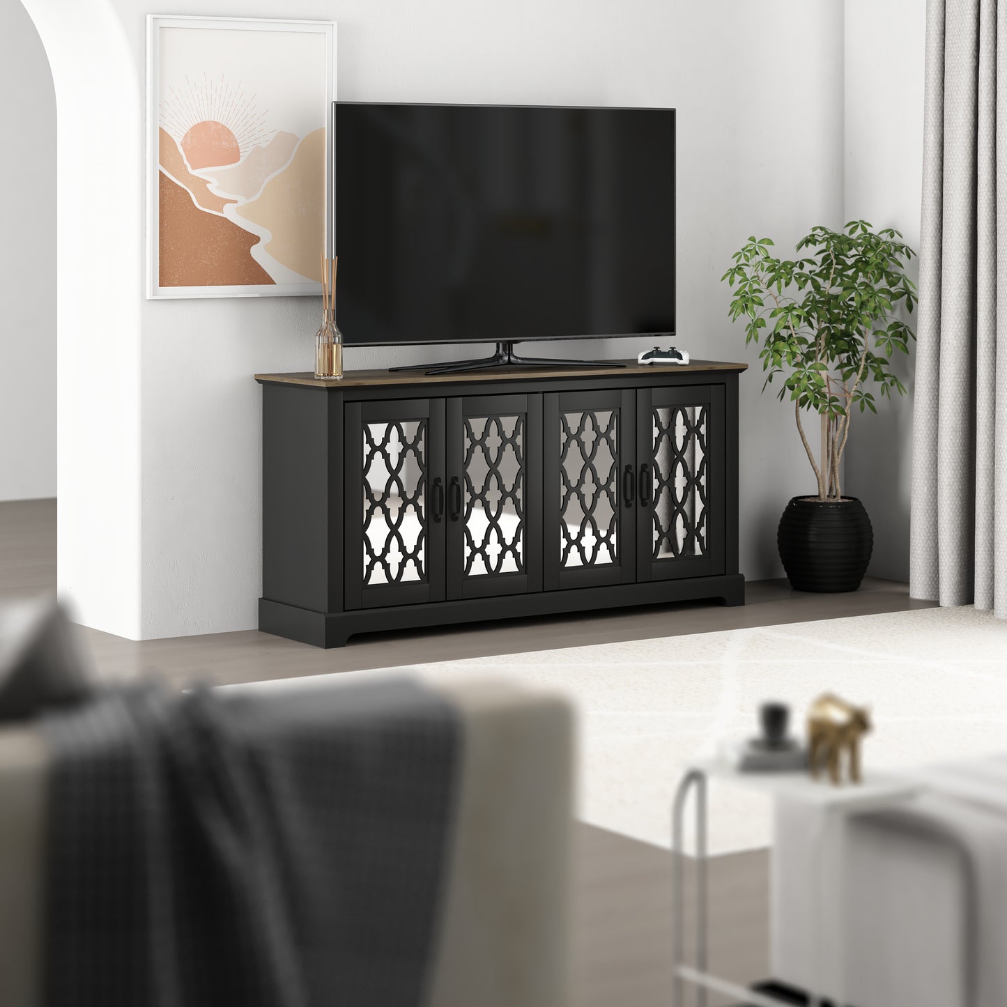 Galano TV Stand with Mirrored Door Storage 68.2" W × 17.1" D × 29.3" H