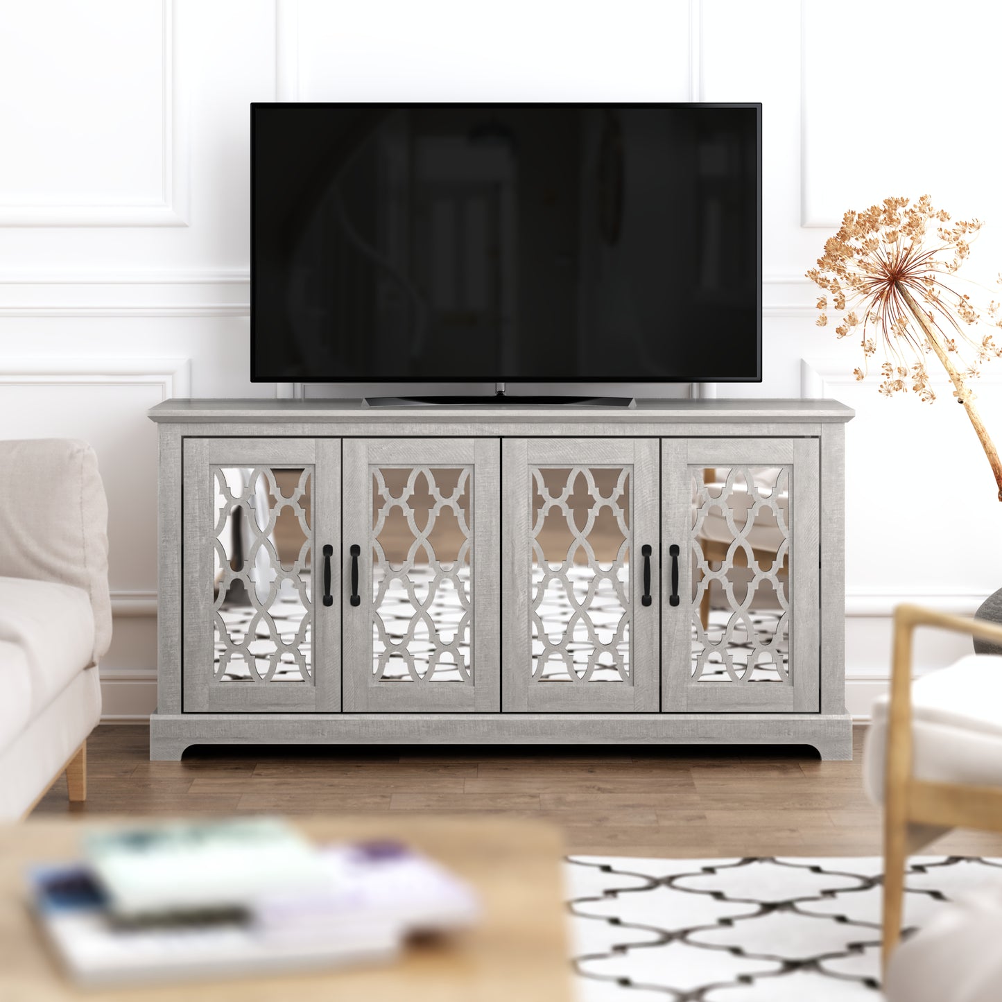 Galano TV Stand with Mirrored Door Storage 68.2" W × 17.1" D × 29.3" H