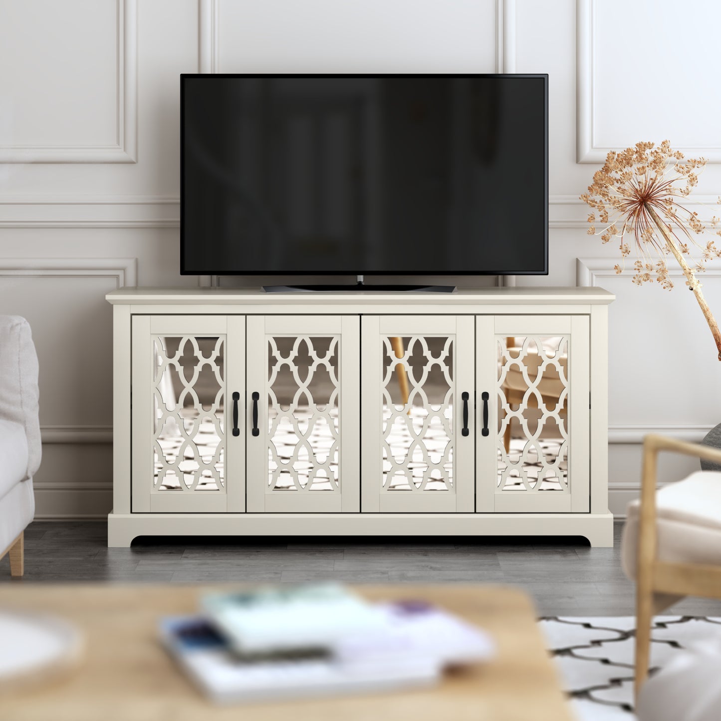 Galano TV Stand with Mirrored Door Storage 68.2" W × 17.1" D × 29.3" H