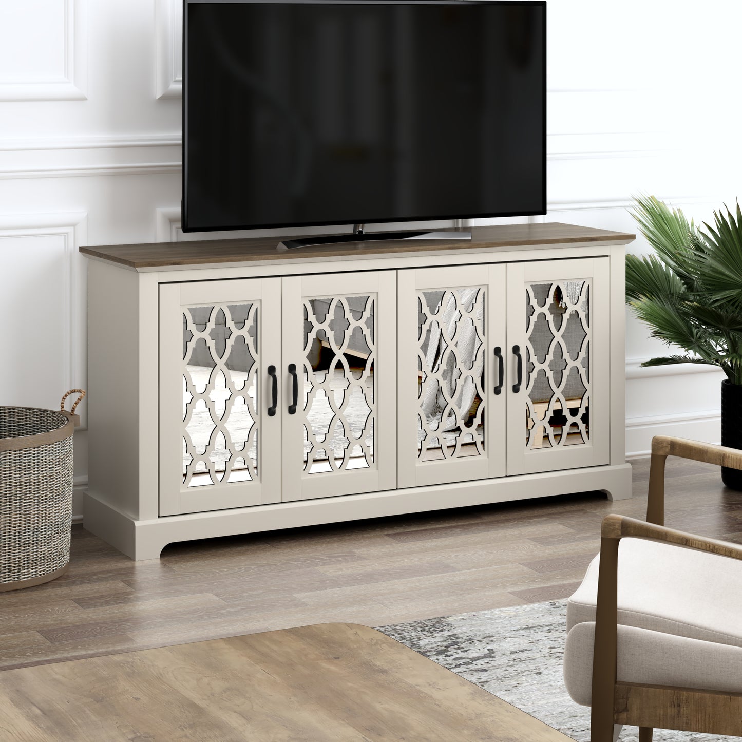 GALANO TV Stand with Mirrored Door Storage 59.6" W × 15.7" D × 29.3" H