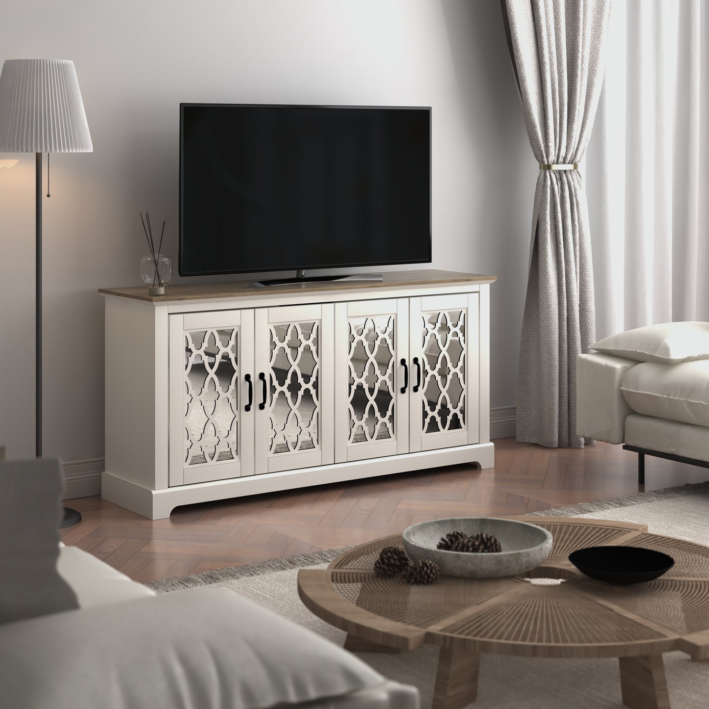GALANO TV Stand with Mirrored Door Storage 59.6" W × 15.7" D × 29.3" H