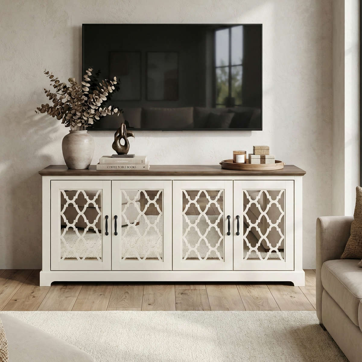 Galano TV Stand Media Console for TVs up to 65" with Mirrored Cabinet Doors and Adjustable Shelves