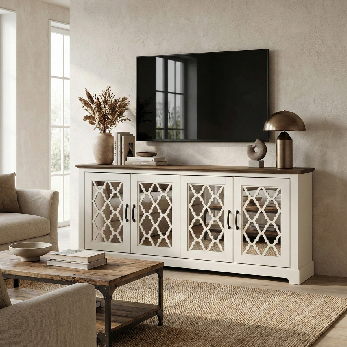Galano TV Stand Media Console for TVs up to 65" with Mirrored Cabinet Doors and Adjustable Shelves