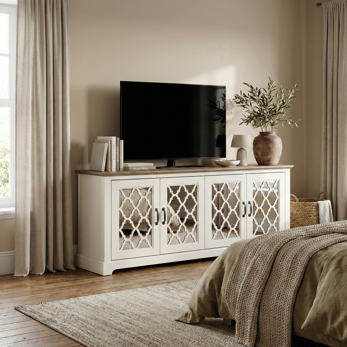Galano TV Stand Media Console for TVs up to 65" with Mirrored Cabinet Doors and Adjustable Shelves