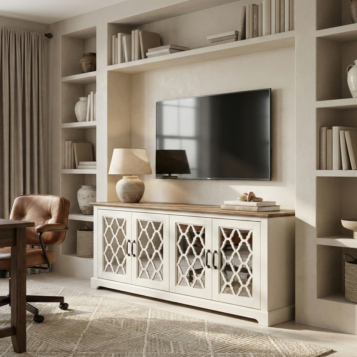 Galano TV Stand Media Console for TVs up to 65" with Mirrored Cabinet Doors and Adjustable Shelves