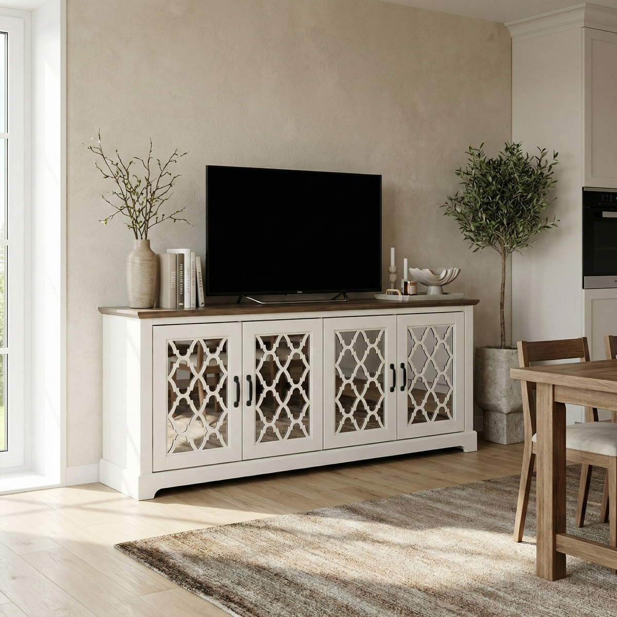 Galano TV Stand Media Console for TVs up to 65" with Mirrored Cabinet Doors and Adjustable Shelves