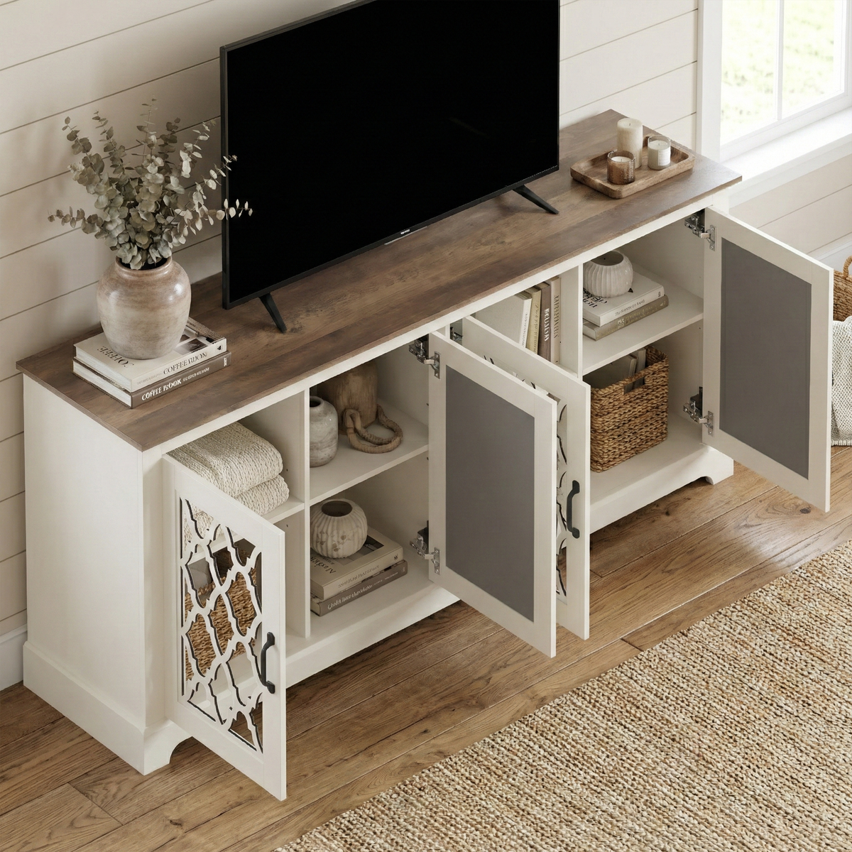 Galano TV Stand Media Console for TVs up to 65" with Mirrored Cabinet Doors and Adjustable Shelves