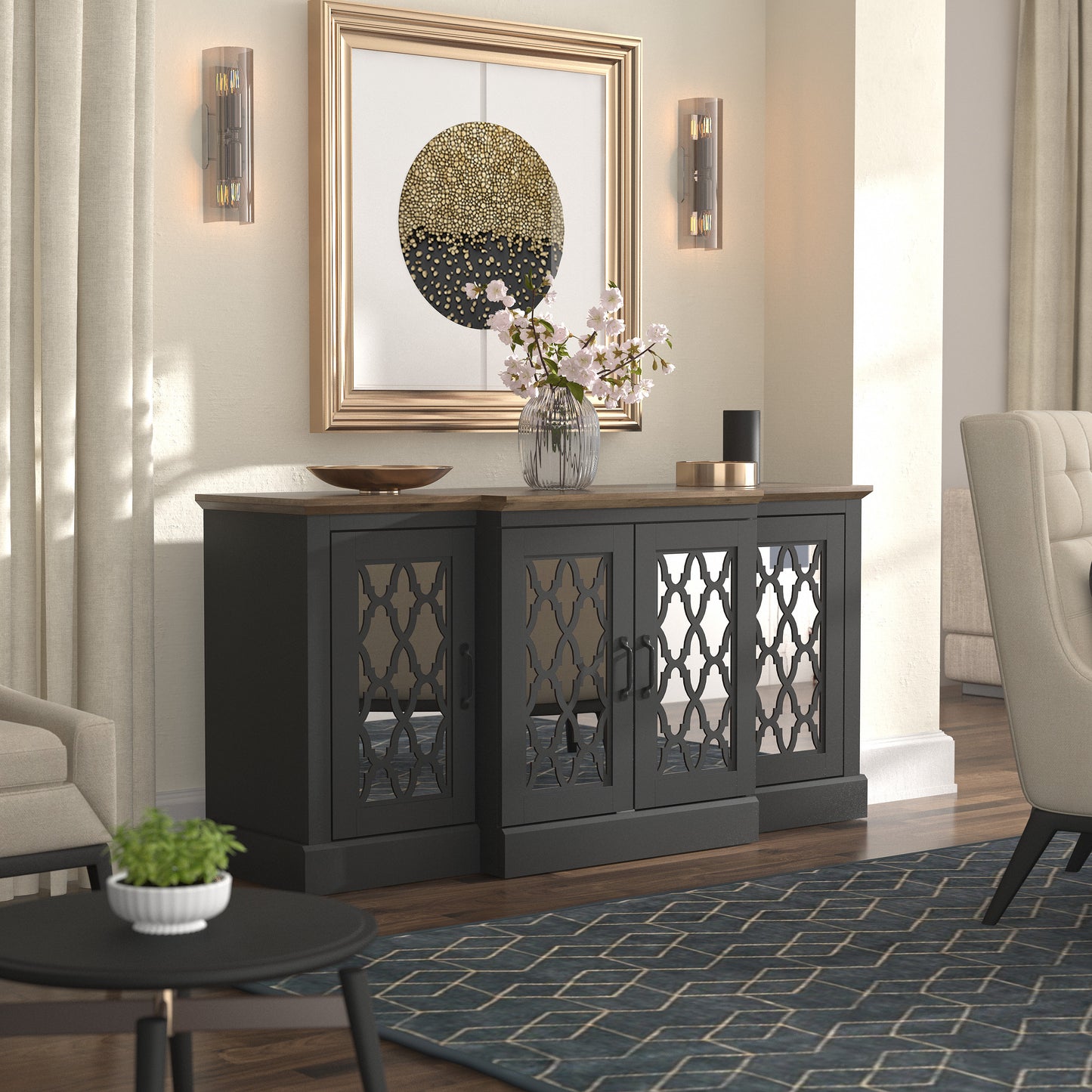 Galano sideboard with mirrored cutout doors 60.4" W × 18.2" D × 29.3" H