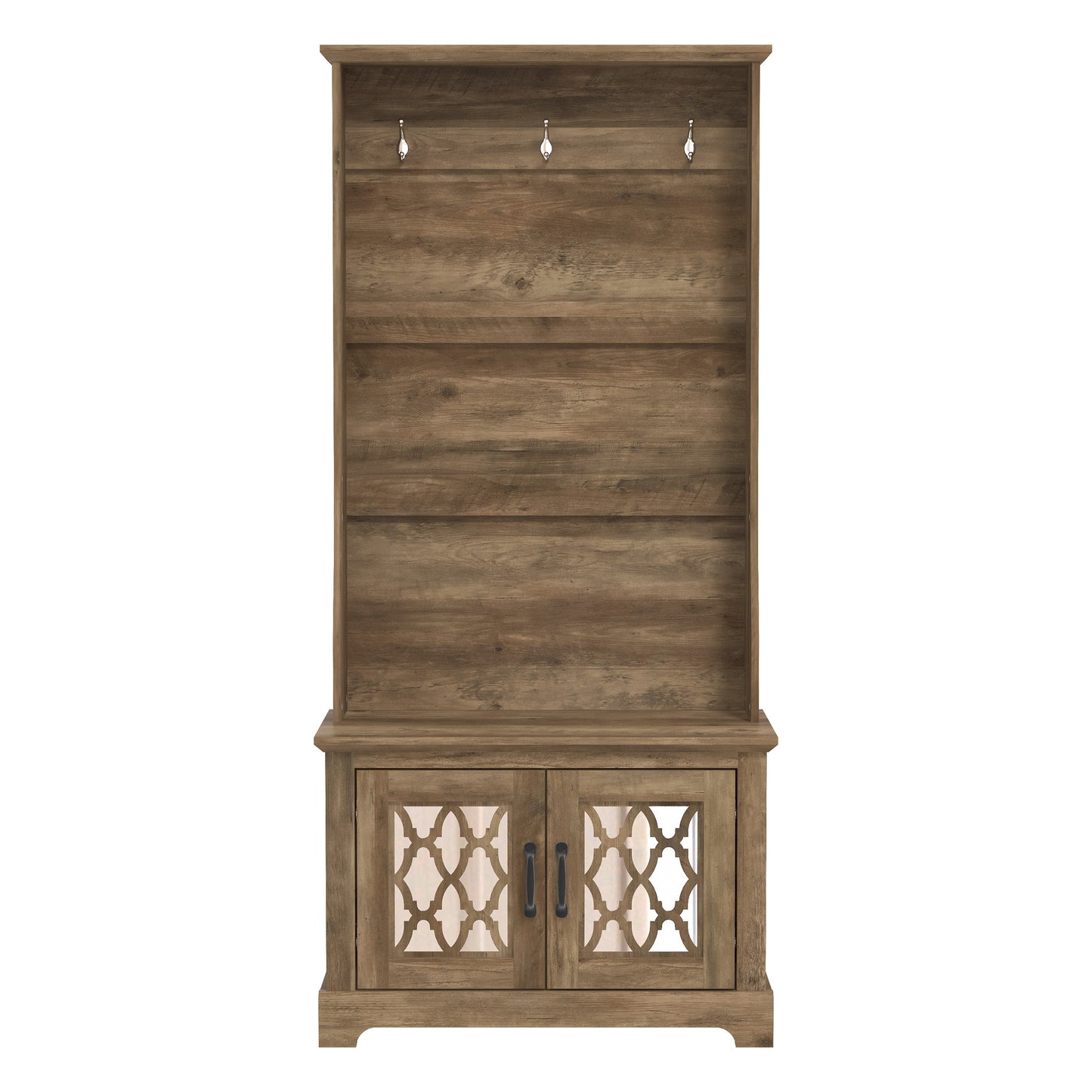 GALANO Hall Tree with Bench and Mirror Door Storage in Knotty Oak 31.3" W x 15.7" D x 68.3" H