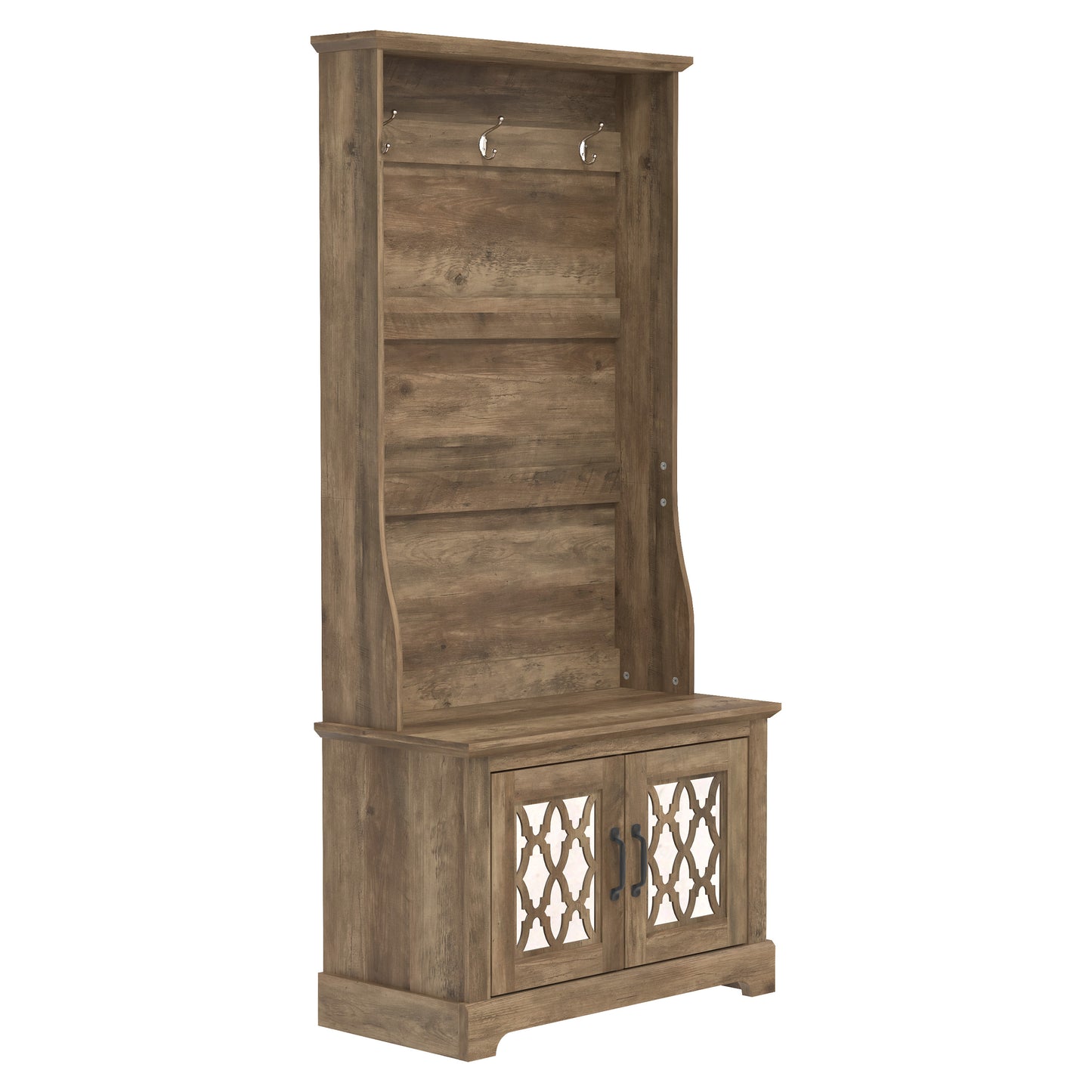 GALANO Hall Tree with Bench and Mirror Door Storage in Knotty Oak 31.3" W x 15.7" D x 68.3" H