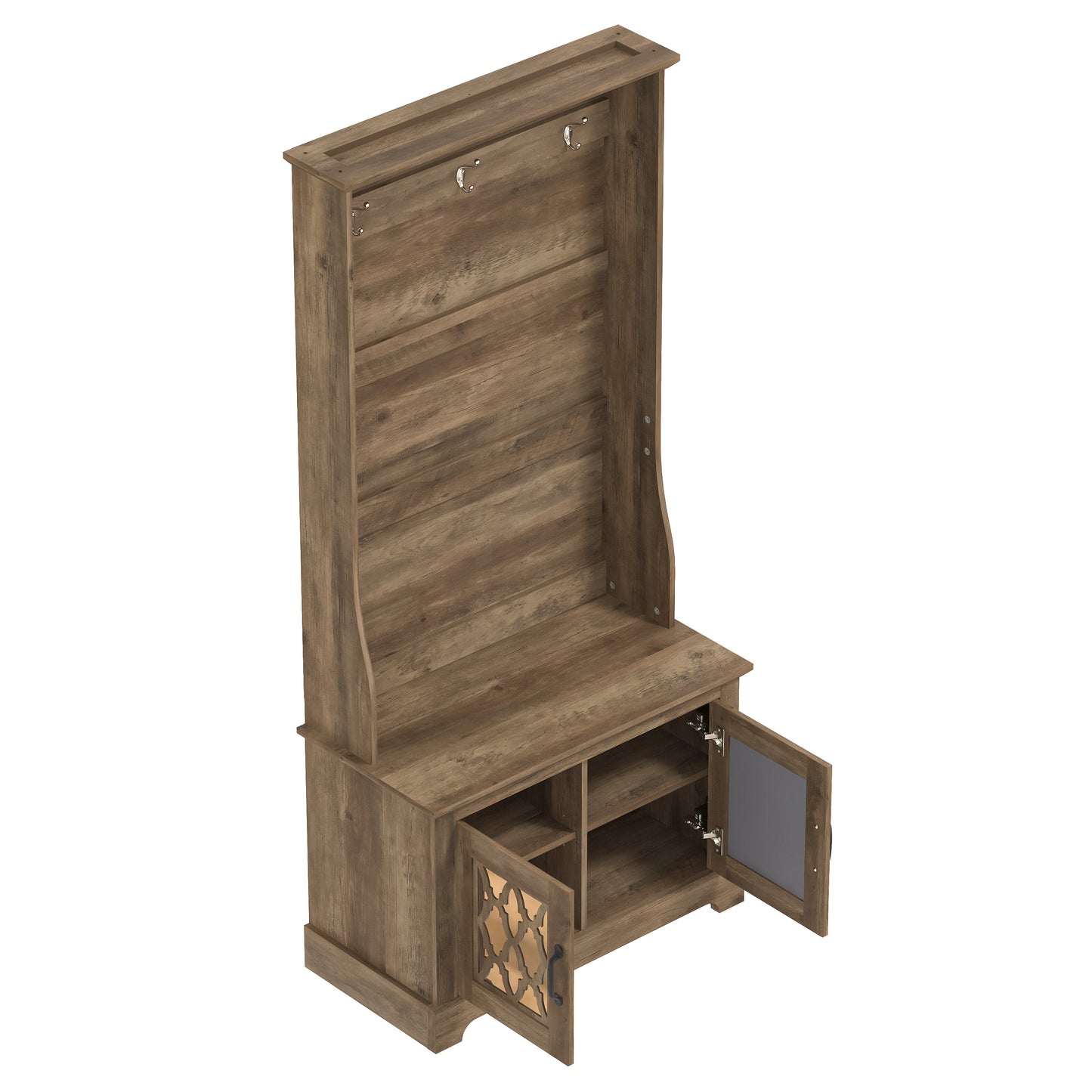 GALANO Hall Tree with Bench and Mirror Door Storage in Knotty Oak 31.3" W x 15.7" D x 68.3" H