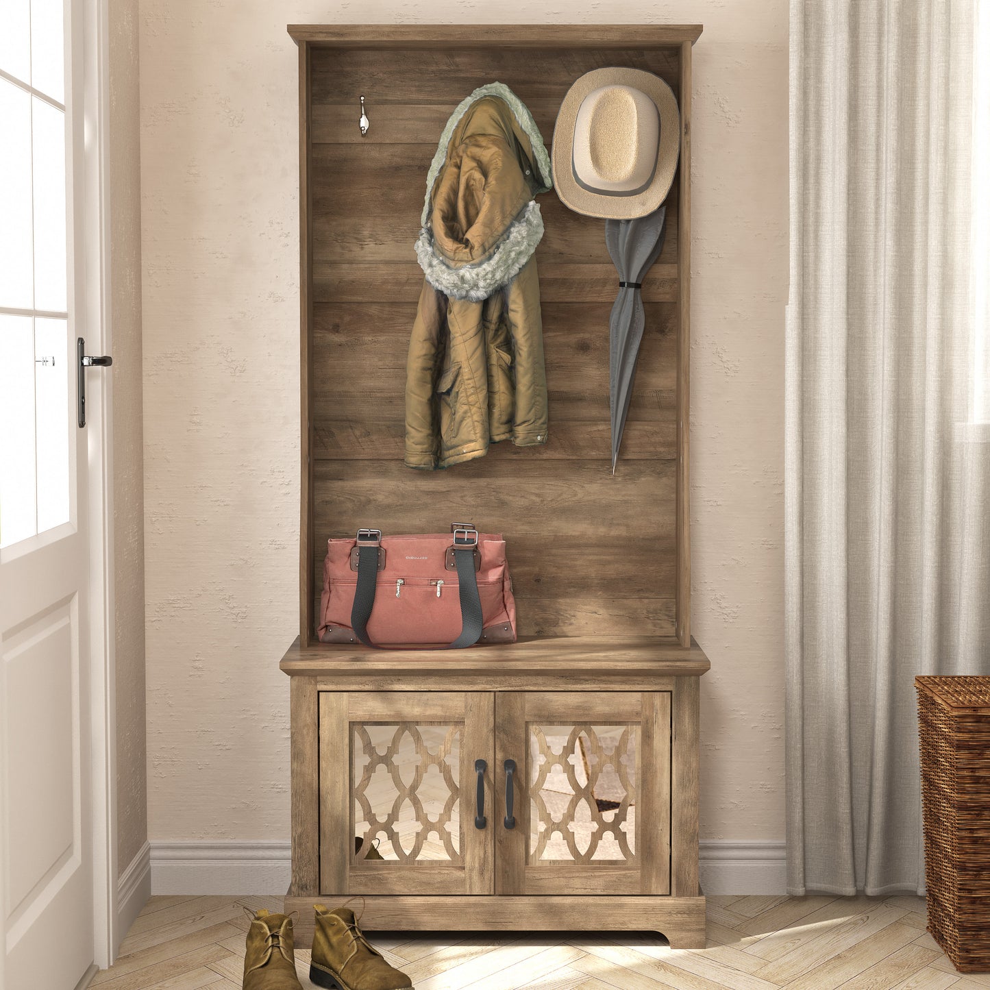 GALANO Hall Tree with Bench and Mirror Door Storage in Knotty Oak 31.3" W x 15.7" D x 68.3" H